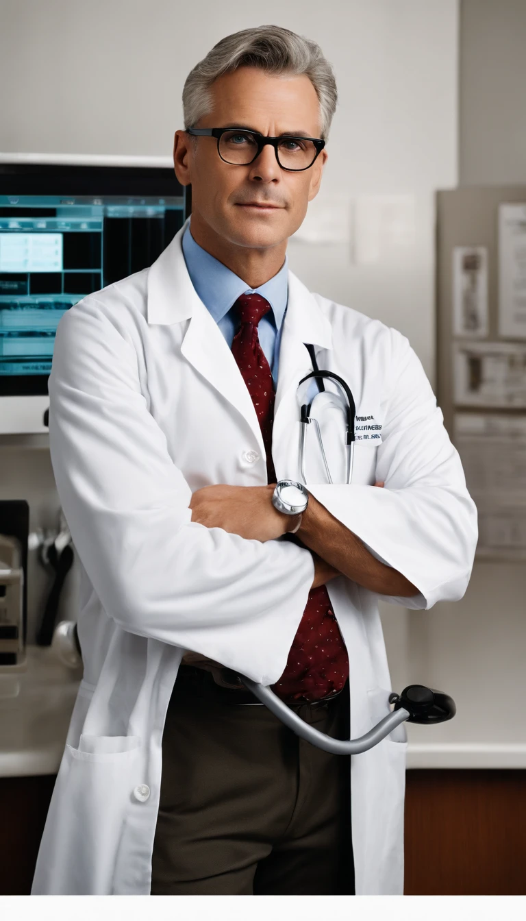 good lighting, a distinguished 40-year-old man with gray hair and prescription glasses sits behind a modern medical table, his white coat and stethoscope around his neck, ready to see his next patient. His intense gaze at the camera conveys his dedication to his profession. The computer and papers on the table hint at his meticulous nature and attention to detail.