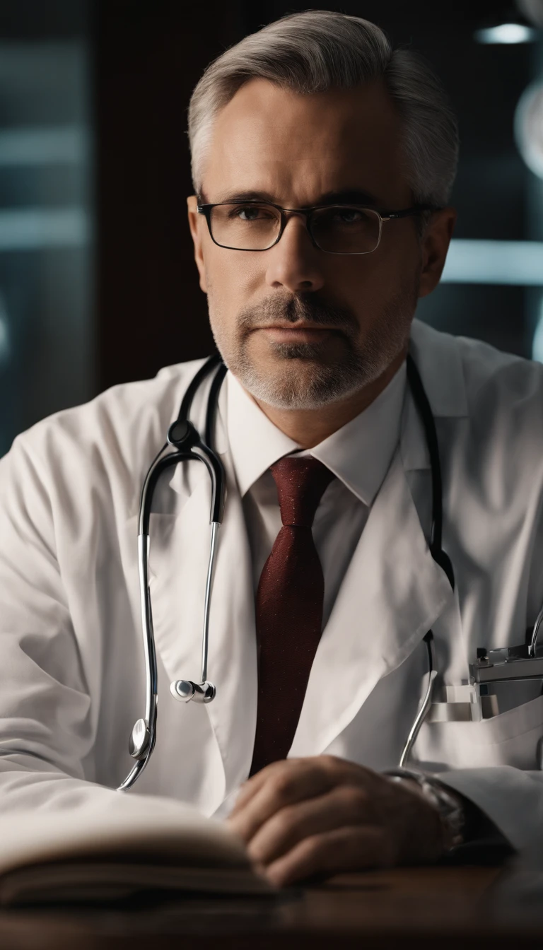 good lighting, a distinguished 40-year-old man with gray hair and prescription glasses sits behind a modern medical table, his white coat and stethoscope around his neck, ready to see his next patient. His intense gaze at the camera conveys his dedication to his profession. The computer and papers on the table hint at his meticulous nature and attention to detail.