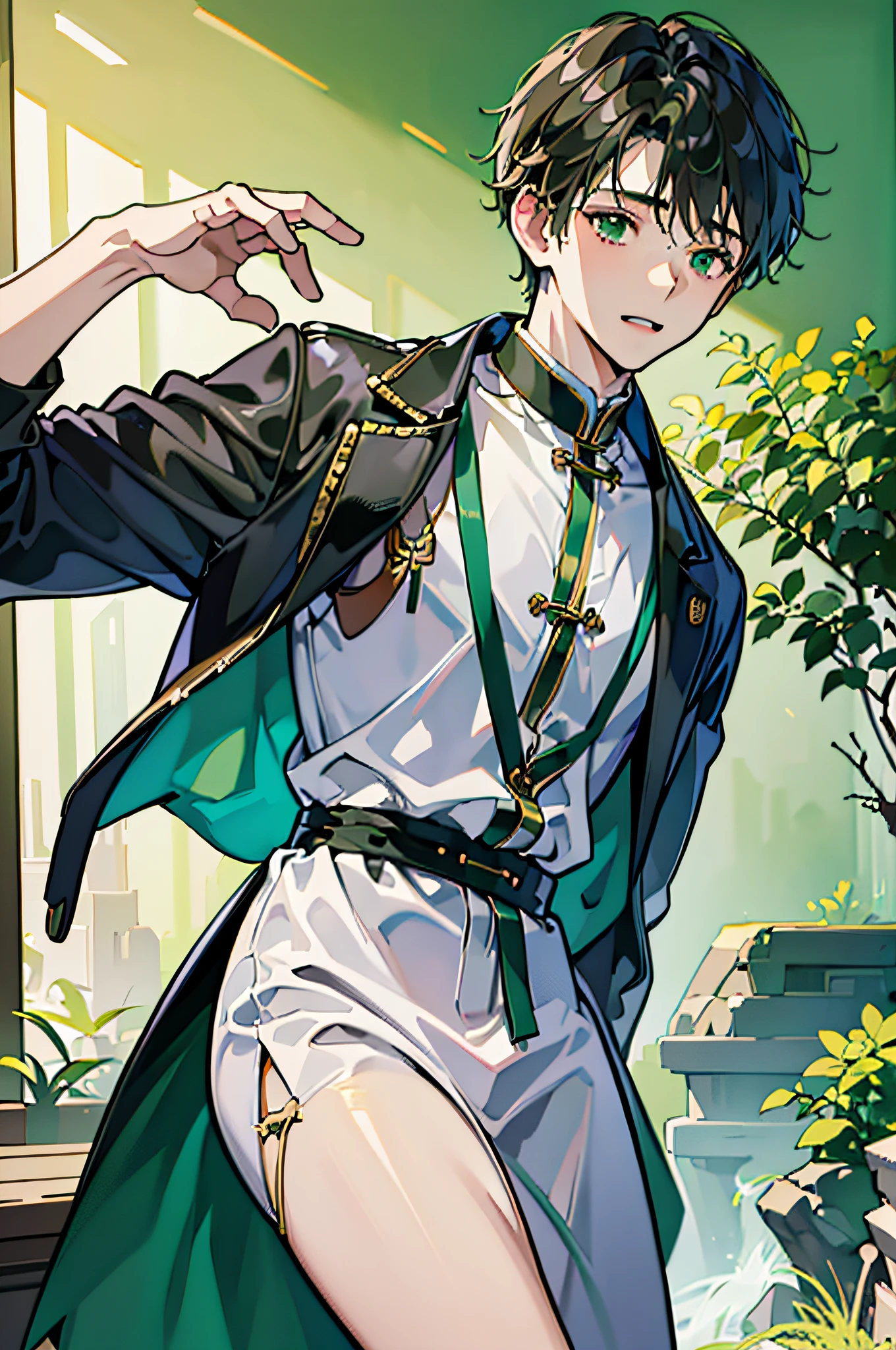 (in 8K、top-quality、​masterpiece:1.2)、1 boy、short-haired、Hair short、Brown-skinned、Green View、