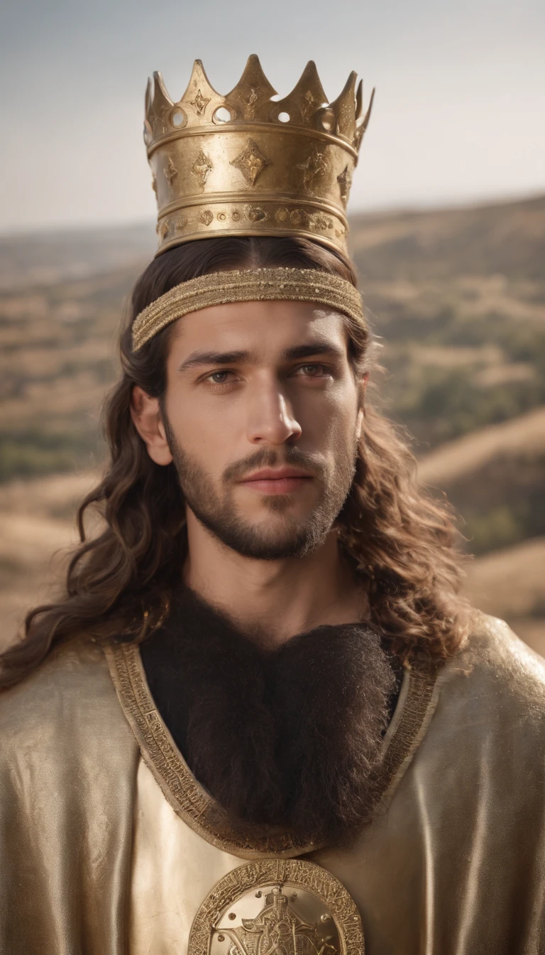 Jewish King, 30 years old, He wears a golden crown, a biblical shield and his army in the background on a hill in Israel