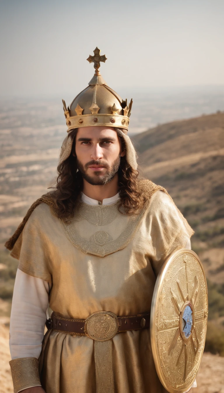 Jewish King, 30 years old, He wears a golden crown, a biblical shield and his army in the background on a hill in Israel