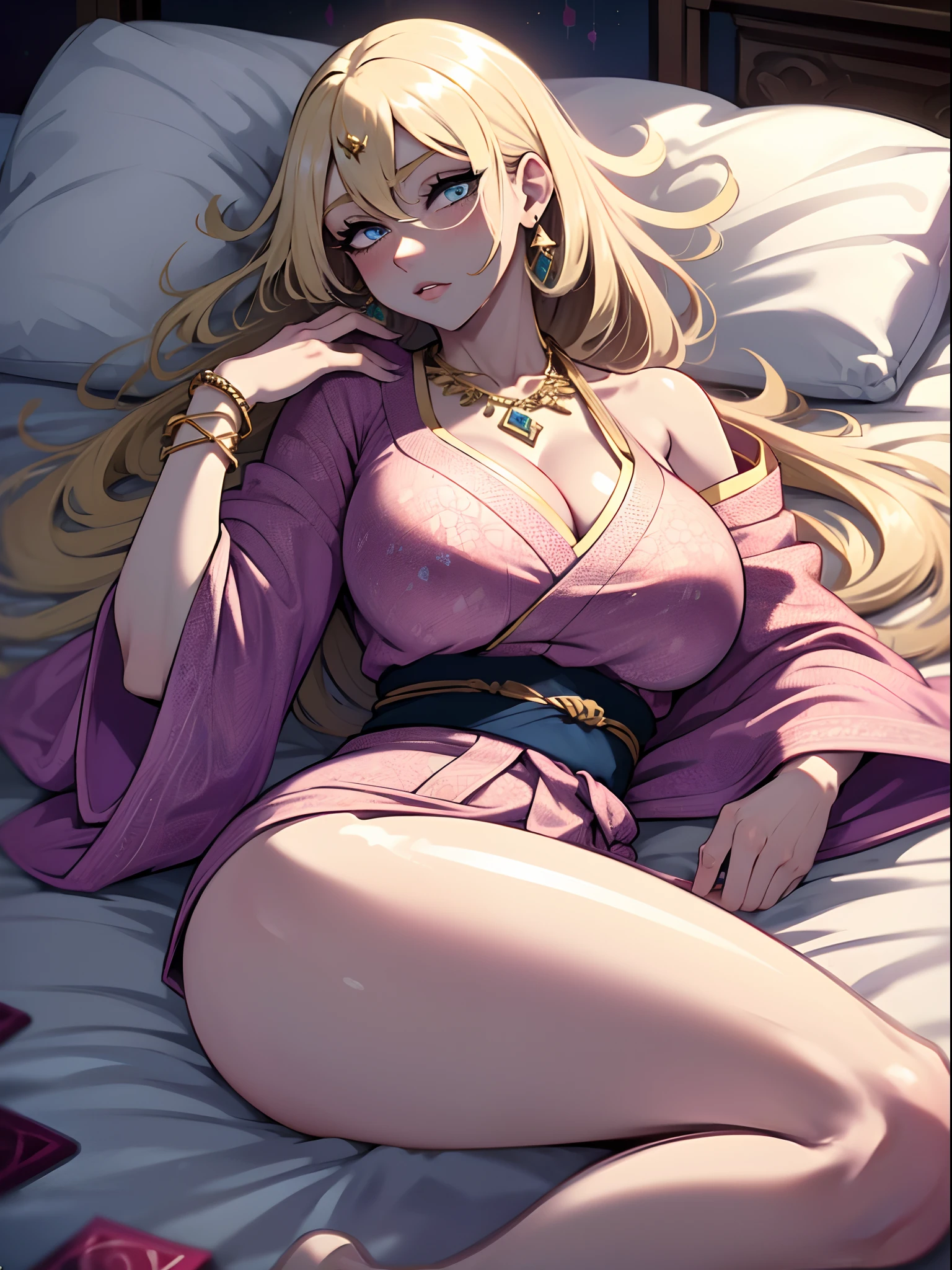 (one female: 1.5), wearing pink patterned kimono, very long blonde hair, messy hair, beautiful blue eyes, showing cleavage, lying on bed alone, alone (SOLO: 1.5),(ALONE: 1.5), large chest, curvy, blushing, beautiful detailed eyes, perfect hands, perfect body, (knife: 1.3), (tarot cards on bed: 1.3), shiny skin, bare legs, boobs, gold jewelery, bracelets, earrings, delicate necklace, open legs