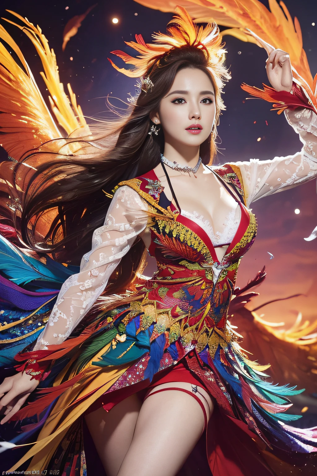 (​masterpiece、top-quality)、high resolution details、foco nítido、(Photoreal Stick:1.2)、1girl、Cowboy Shot、(The beauty of a woman and the beauty of a phoenix feather are seamlessly fused:1.1)、(As she dances through a kaleidoscope of vibrant colors and patterns、The blades react and、Reflect her movements in a captivating fractal design:1.1)、