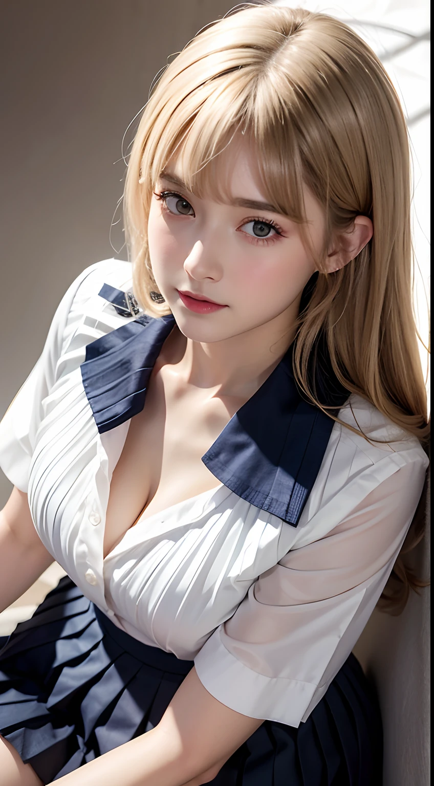 Girl, Single, , Best quality, Very big breasts, Best masterpiece, Blonde, Smiling, Schoolgirl, m, Gal, Mature face, Cleavage