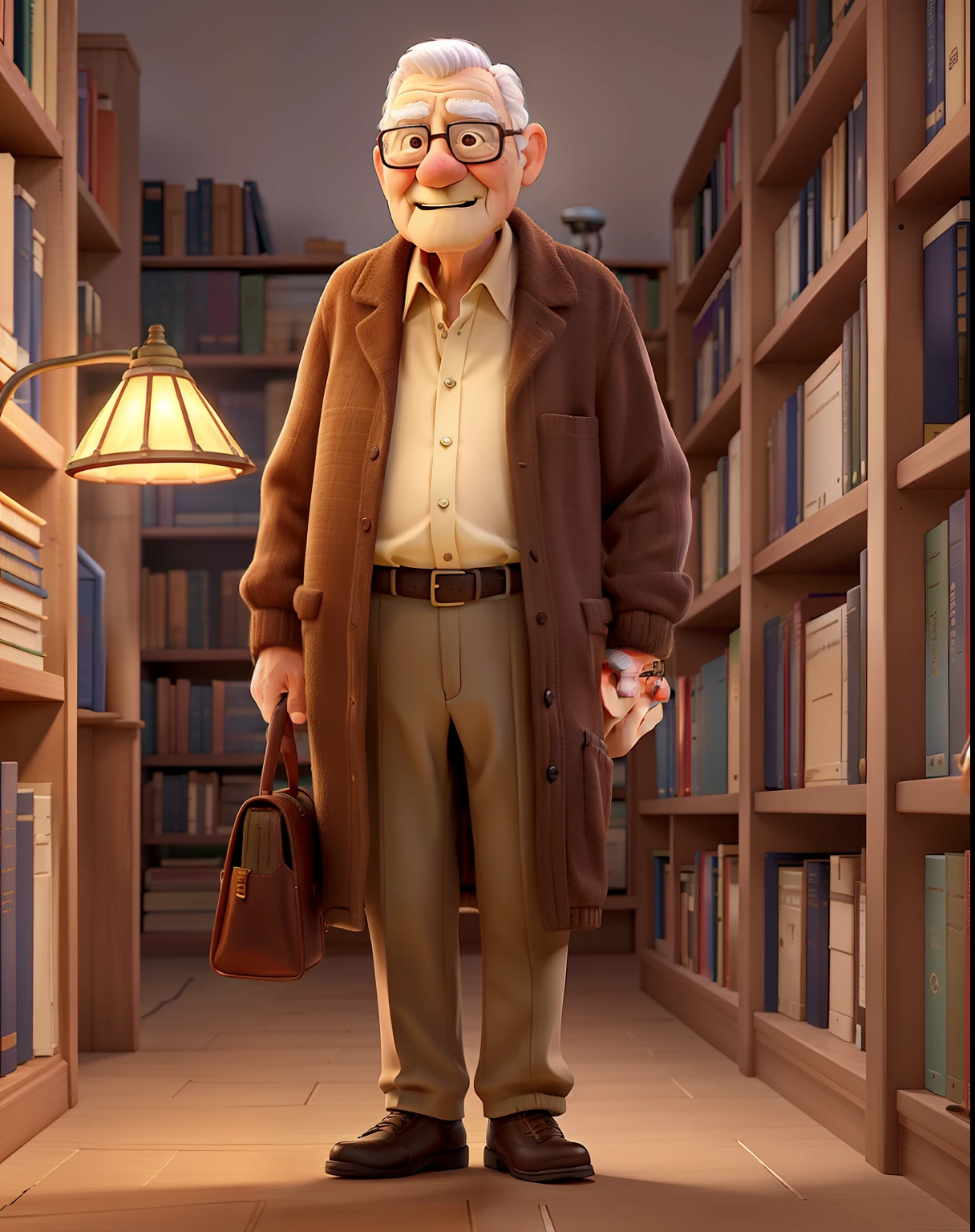 A wise old man standing in front, illuminated by the light of a lamp, against the backdrop of a library