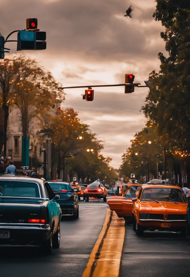 Foto no estilo Disney Pixar, On a street over the crosswalk with vehicles in the background, Containing Traffic Lessons, Car, em um dia ensolarado com algumas nuvens