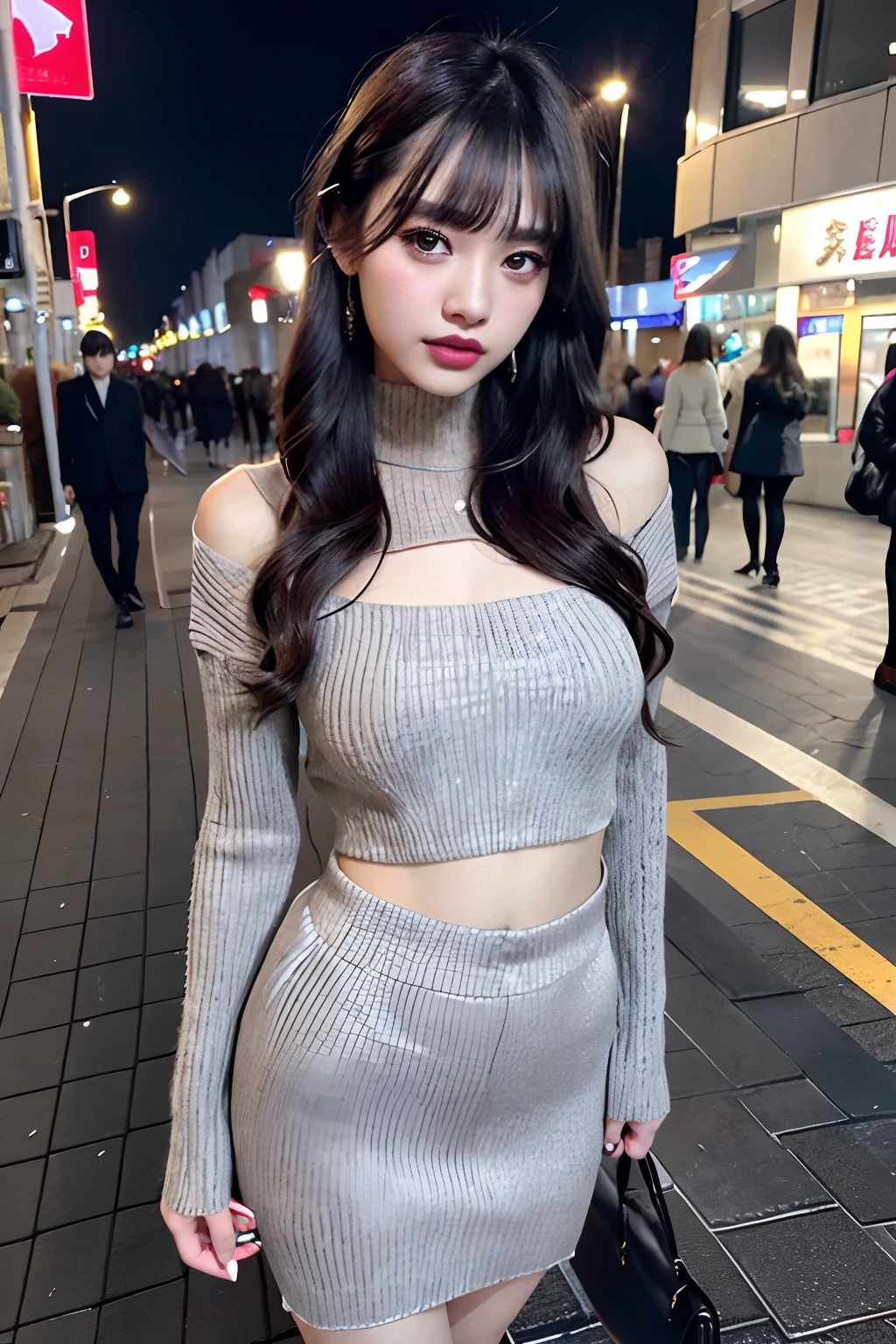 top-quality、超A high resolution、(Photorealsitic:1.1)、masterpiece、1girl in、、Tight net sweater clothes、Long sweater in grey、Mine makeup、eyeshadows、heavy make up、Shiny Pin Clip Stick、pin heels、beautiful thigh、Long Black Hair、Bangs、Meet in front of the station at night、Prostitution、