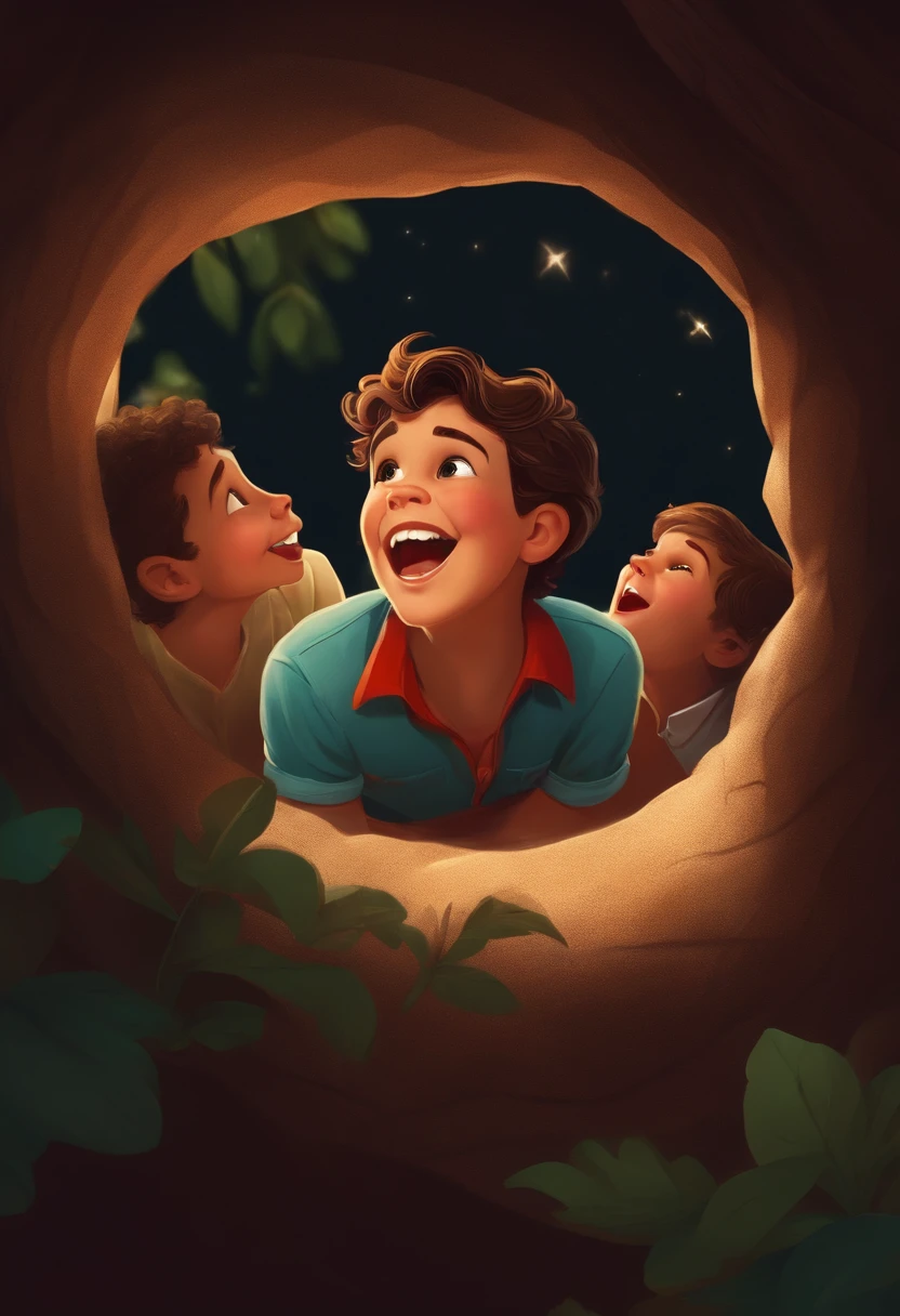 a boy in a hole looking up and seeing 6 men laughing, disney style