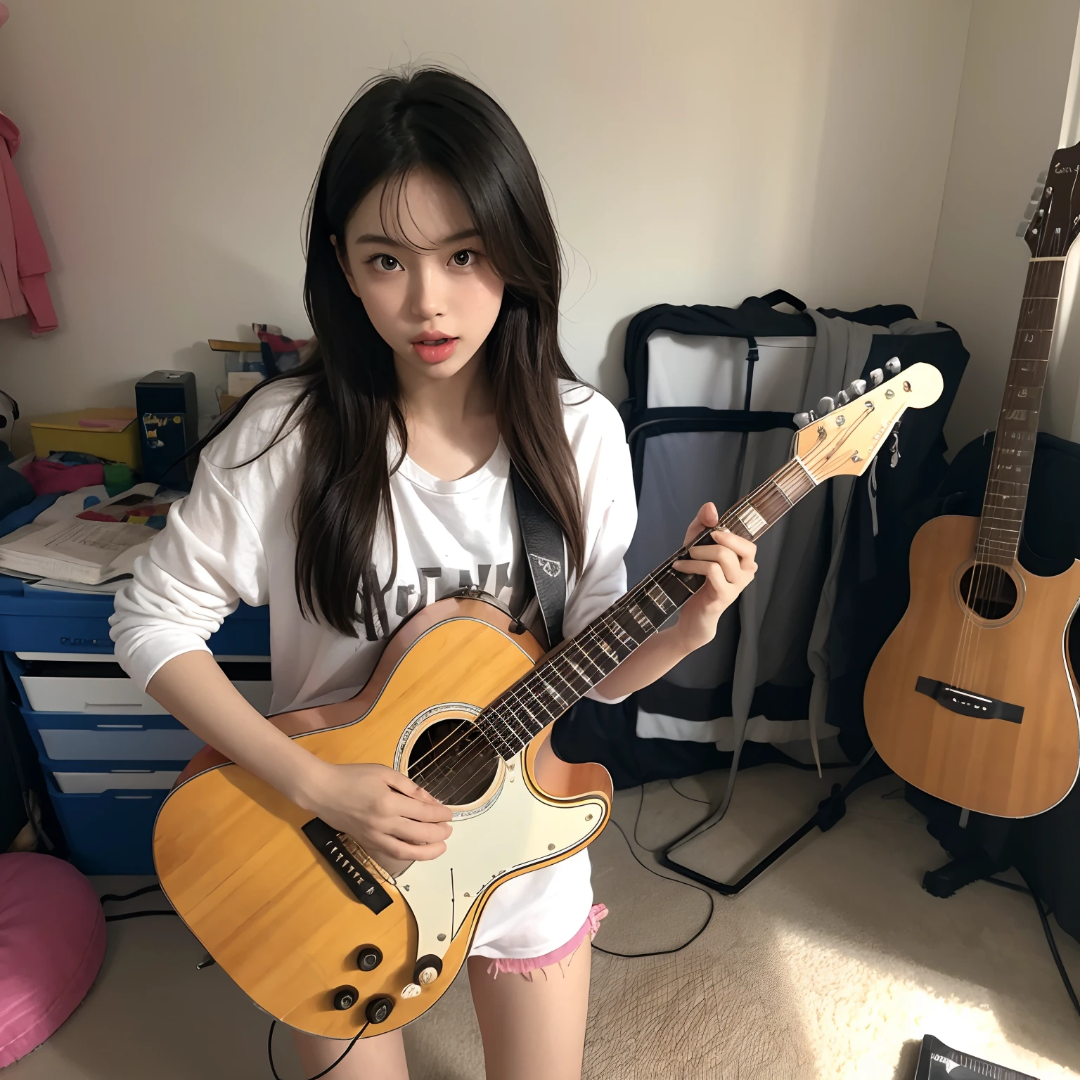 Highest quality Girl in underwear holding a guitar