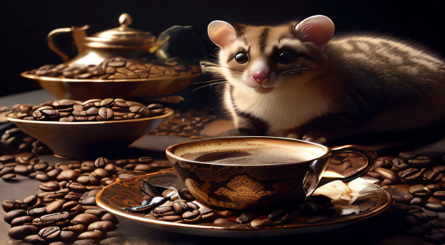 There's a little animal that's sitting next to a cup of coffee, A cat drinking coffee, morning coffee, Sugar Glider, coffee mug, smell of coffee, Coffee Art, drinking coffee, Arabic style, Drink more coffee, celebration of coffee products, hot coffee, asombroso, drinking a cup of coffee, drinking a coffee, coffee mug, coffee beans