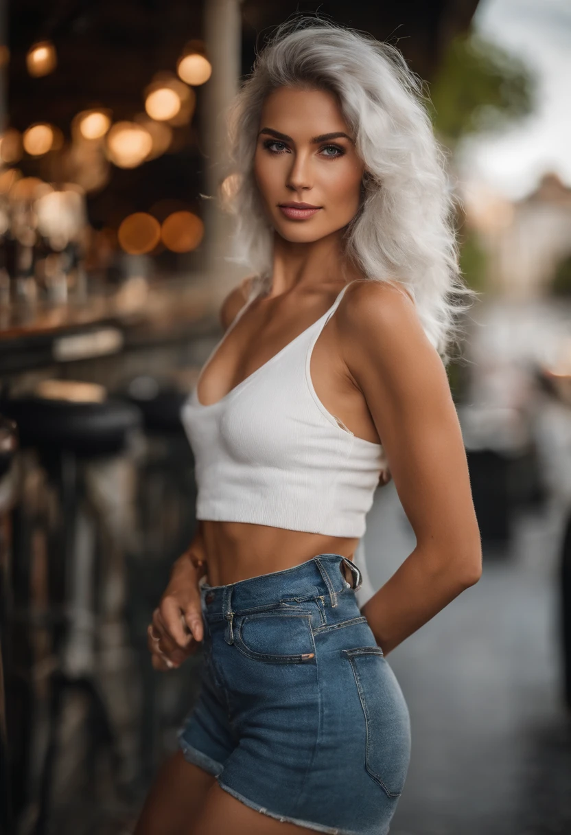 There's a woman with white hair and street clothes posing, BEBENDO CERVEJA, EM UM PUB, BAR, cap, sorrindo, corpo inteiro, Modelo feminina de 24 anos, do cabelo prateado, meninaabelo branco, Posando, menina com cbranco curto, IN THE LIGHT OF A PUB, por do sol, Ultra sharp focus, Filmagem realista, Women's clothing , ((filmic grain, detalhes da pele, textura de pele altamente detalhada, 8K HDR, DSLR)), white sneakers, Brilhante,