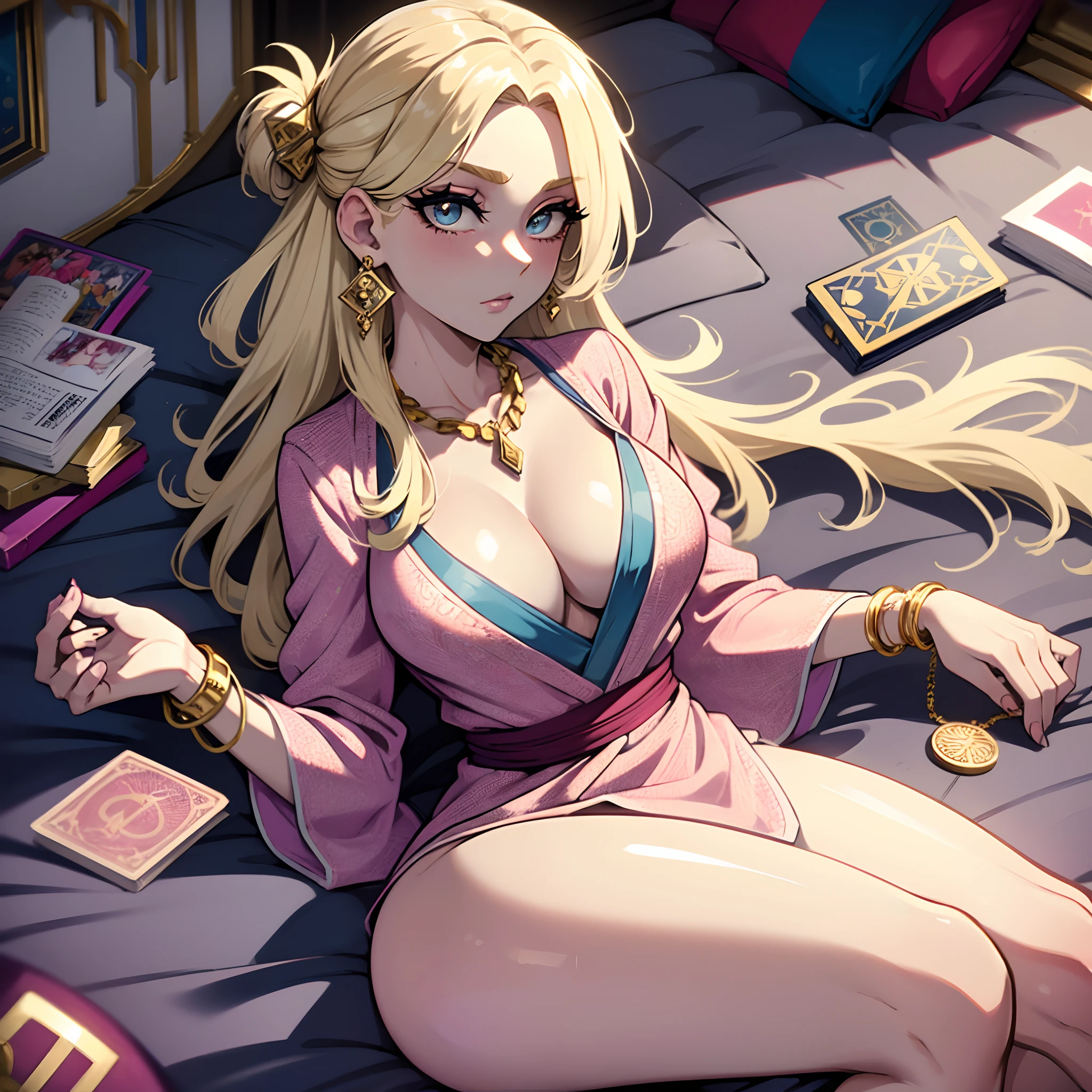 (one female: 1.5), wearing pink patterned kimono, very long blonde hair, messy hair, beautiful blue eyes, showing cleavage, lying on bed alone, alone (SOLO: 1.5),(ALONE: 1.5), large chest, curvy, blushing, beautiful detailed eyes, perfect hands, perfect body, (knife: 1.3), (tarot cards on bed: 1.3), shiny skin, bare legs, boobs, gold jewelery, bracelets, earrings, delicate necklace, open legs