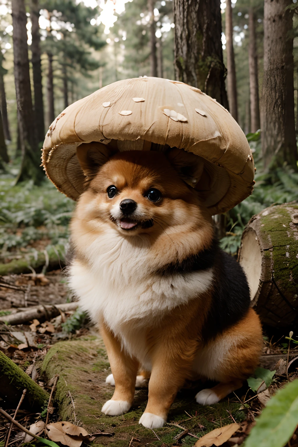 cute Pomeranian under mushroom in the forest