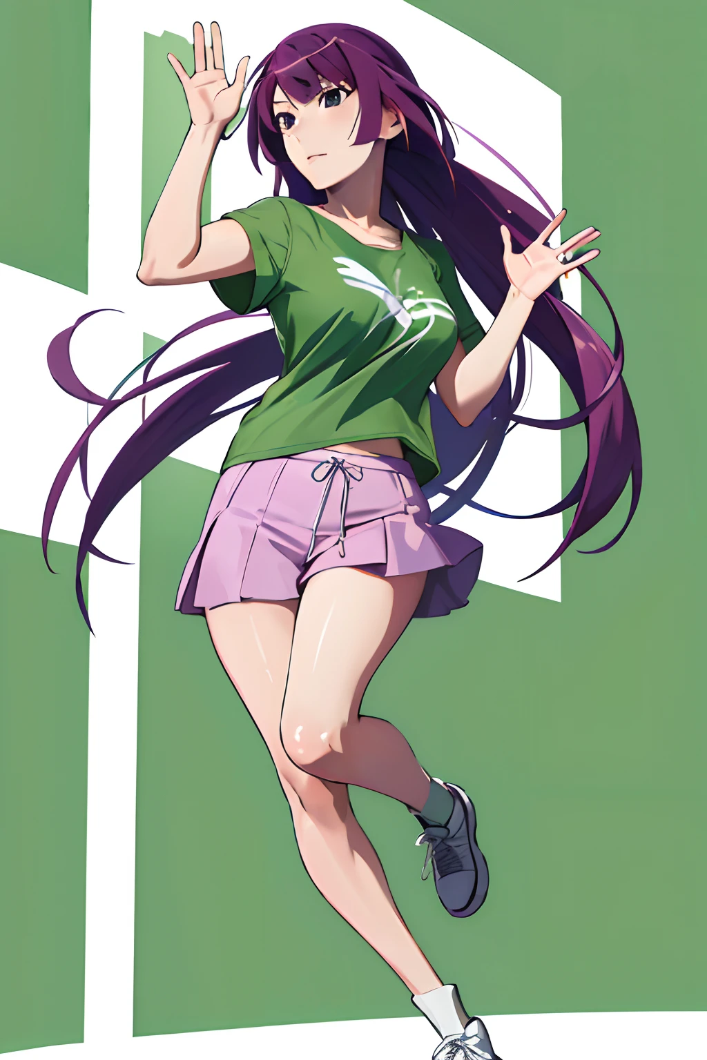 masterpiece, best quality, highres, sh1, senjougahara hitagi, long hair, green football t-shirt, white falcon logo on the t-shirt, white football short, waving with green flag, e-sport stage , full body,