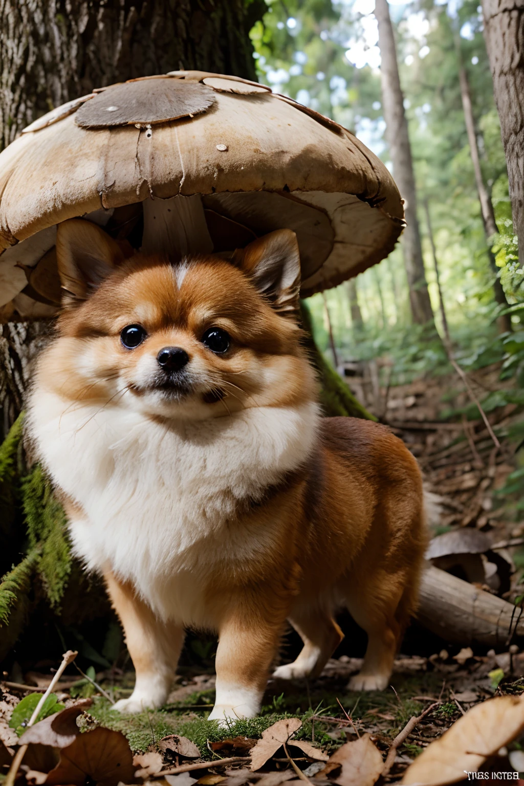 cute Pomeranian under mushroom in the forest