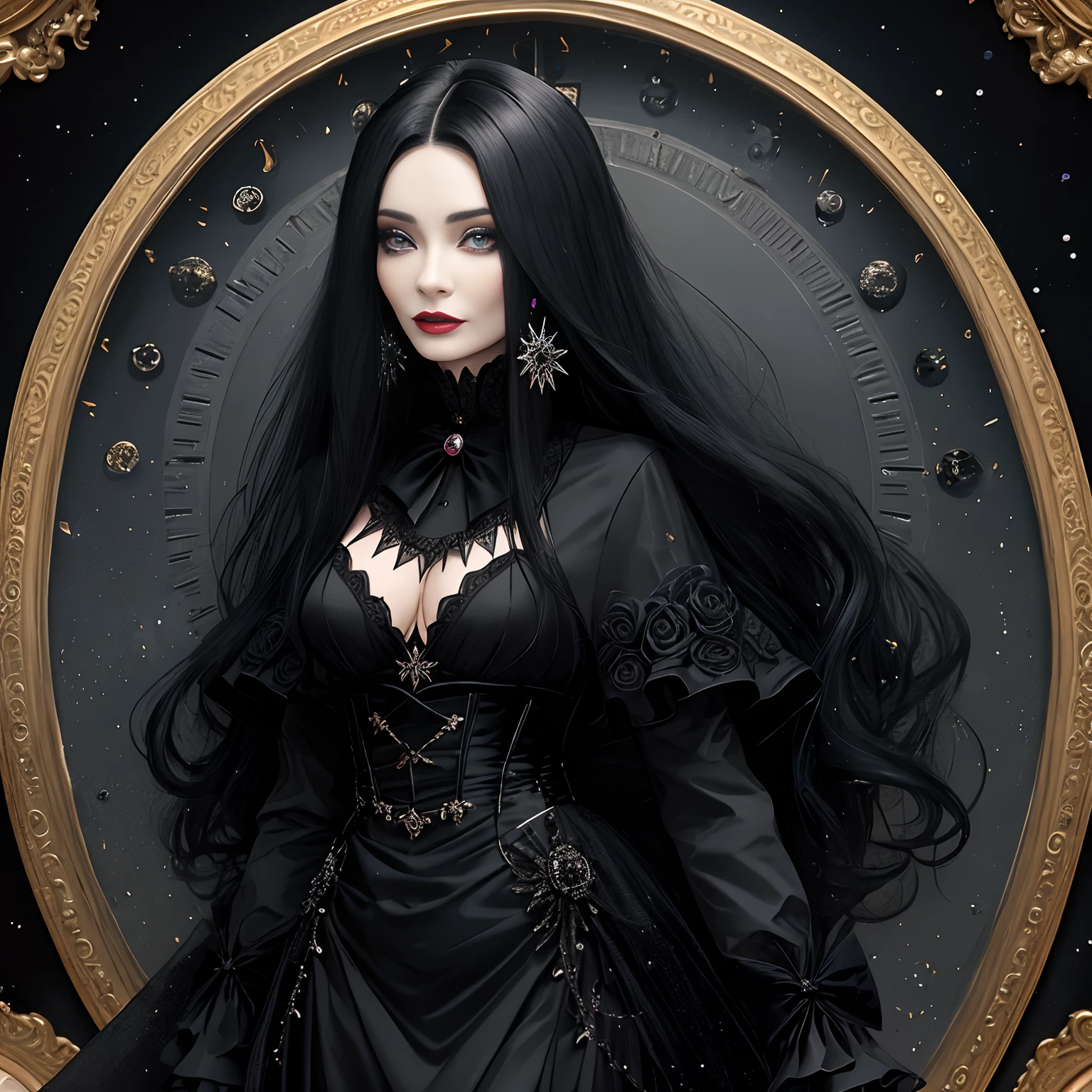 Morticia, realista, cara detallada con ojos dorados, vestido largo negro y ajustado, tiny breast, cuerpo entero, Bonita y relajada, labios pintados en negro,