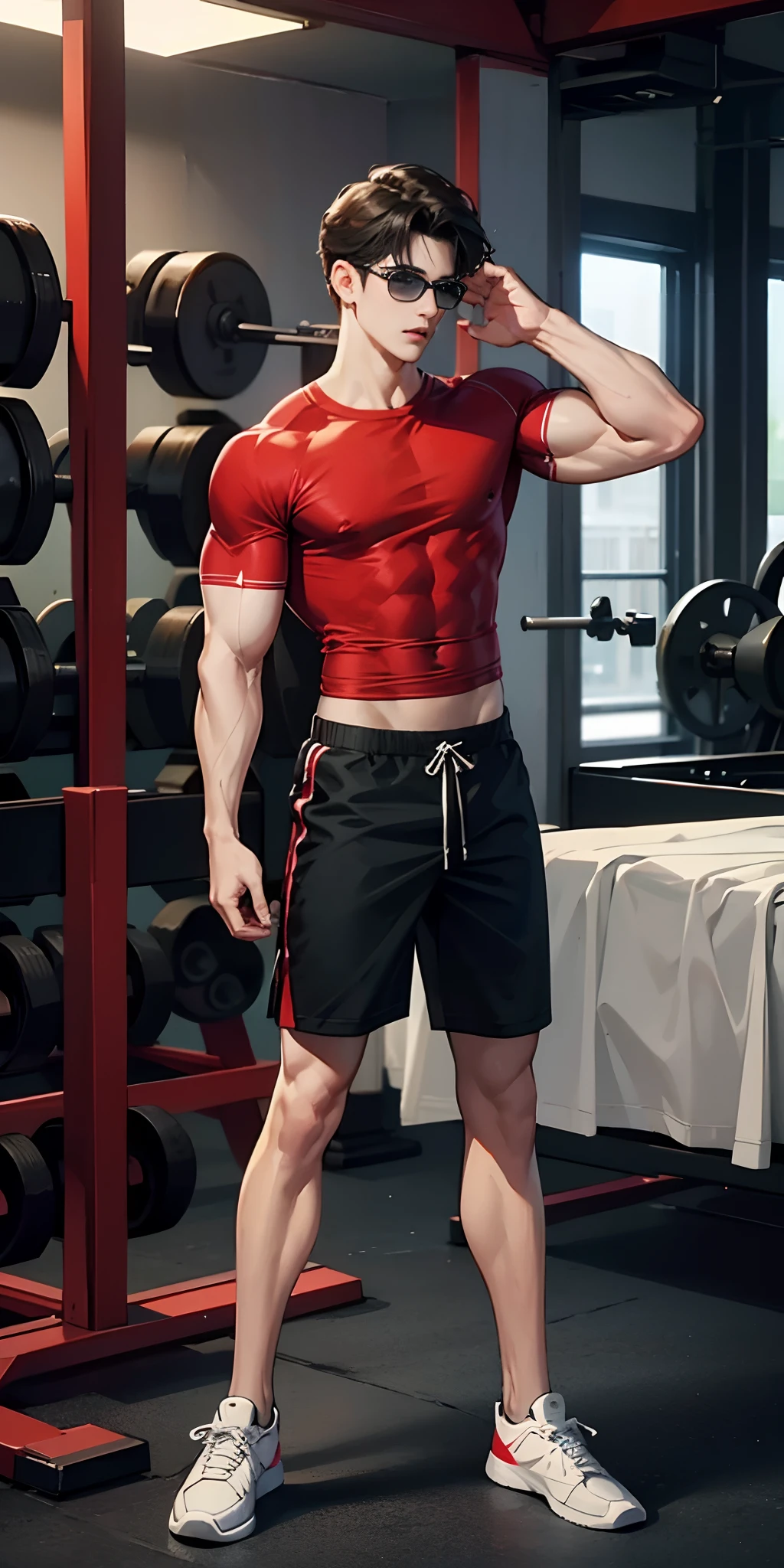 (masterpiece), best quality,bts jhope, muscular body, bodybuilder,glases, wearing red shirt,black shorts