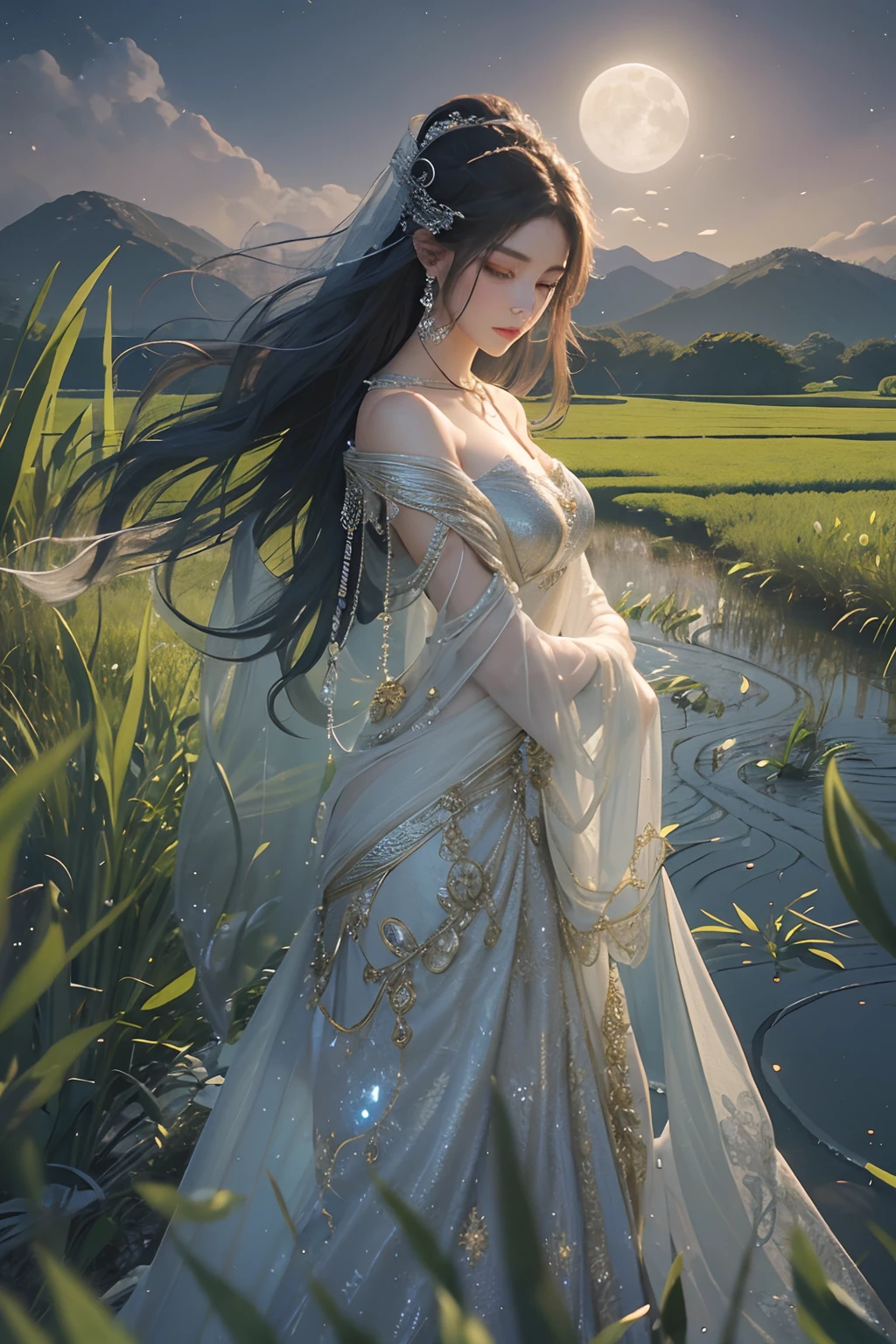 "(masterpiece: 1.3), 8K UHD resolution, An ethereal Moon Goddess of unparalleled beauty, her intricate golden eyes emanate a natural glow, radiating with bioluminescence throughout her entire being. Floating gracefully above a path through a lush rice field under the serene moonlit night, her gentle and graceful demeanor is accentuated by the soft moonlight illuminating the path beneath her. Dressed in a refined silk gown adorned with delicate silver patterns, her makeup seamlessly complements her attire, hinting at an exquisite silver motif. The ambient moonlight bathes her and the surrounding field, intensifying her regal and pristine aura."