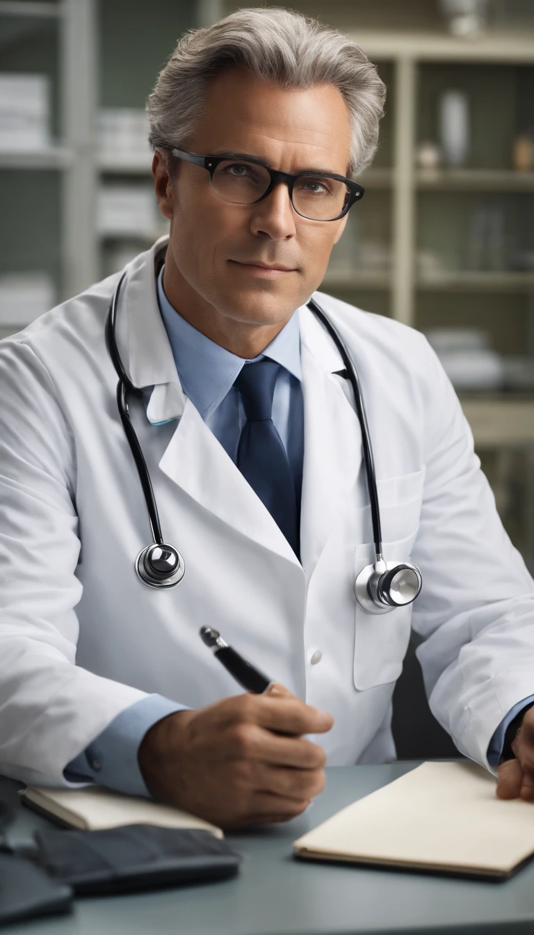 good lighting, a distinguished 40-year-old man with gray hair and prescription glasses sits behind a modern medical table, his white coat and stethoscope around his neck, ready to see his next patient. His intense gaze at the camera conveys his dedication to his profession. The computer and papers on the table hint at his meticulous nature and attention to detail.