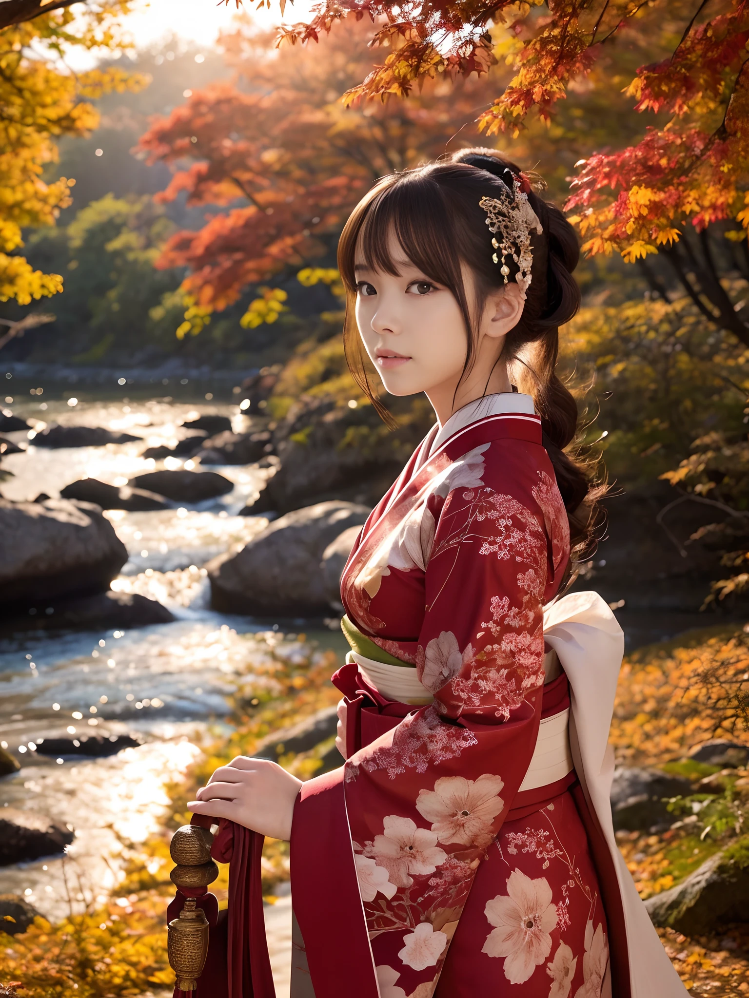(Raw photo:1.2), (Photorealistic), Beautiful detailed girl, Very detailed eyes and face, Beautiful detailed eyes, Huge file size, High resolution, Very detailed, Best Quality, [masutepiece:1.6], Illustration, Very detailed, Fine detail, Best Quality, 8K Wallpaper, Movie Lighting, 18-year-old Japan female singer, wearing Japanese kimono, Ponytail, Beautiful face, Trees with autumn leaves々Surrounded by, Togetsu Gorge Bridge, Vibrantly dyed crimson,Dyed crimson, Be guided by the day of your choice, Pray for the flow of the river, I've been thinking about you, I've been thinking about you, Always, My heart is by your side.
