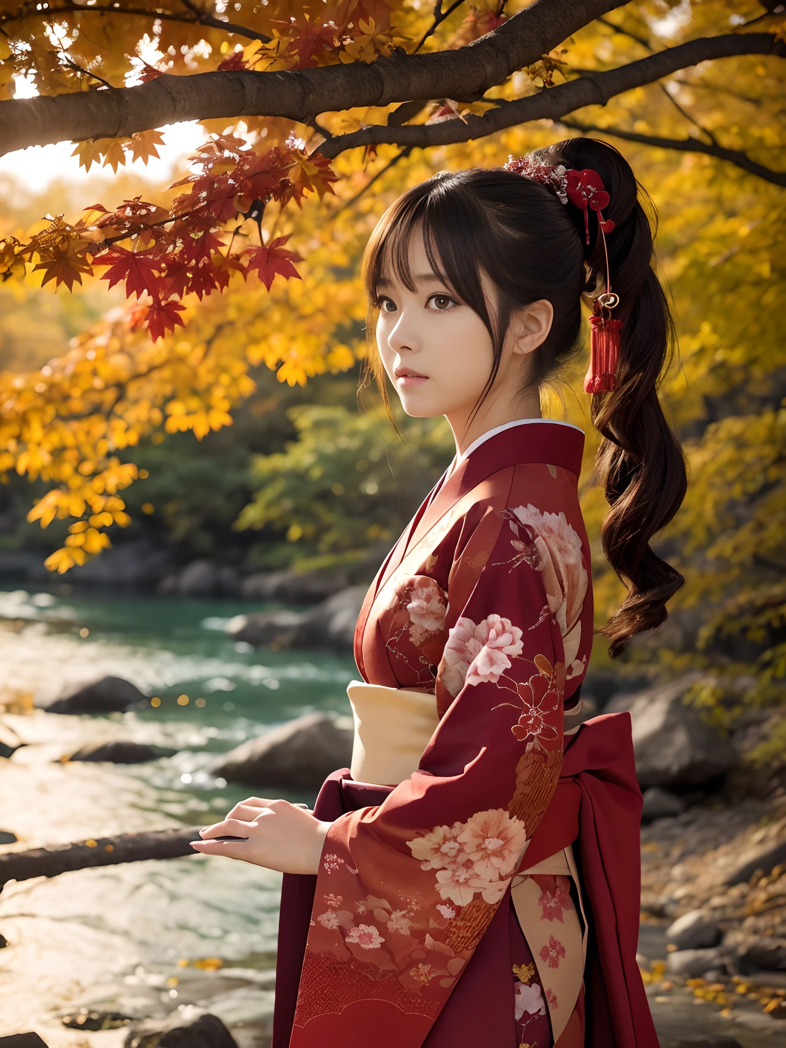 (Raw photo:1.2), (Photorealistic), Beautiful detailed girl, Very detailed eyes and face, Beautiful detailed eyes, Huge file size, High resolution, Very detailed, Best Quality, [masutepiece:1.6], Illustration, Very detailed, Fine detail, Best Quality, 8K Wallpaper, Movie Lighting, 18-year-old Japan female singer, wearing Japanese kimono, Ponytail, Beautiful face, Trees with autumn leaves々Surrounded by, Togetsu Gorge Bridge, Vibrantly dyed crimson,Dyed crimson, Be guided by the day of your choice, Pray for the flow of the river, I've been thinking about you, I've been thinking about you, Always, My heart is by your side.