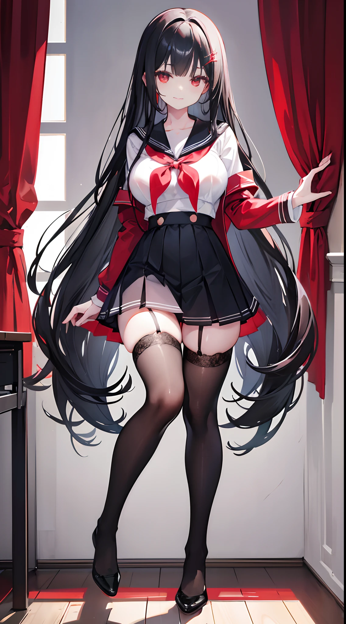 hmjy1, long hair, blunt bangs, red eyes, school uniform, red jacket, black pantyhose, white shirt, black ribbon, pleated skirt, long sleeves, beautiful illustration、topquality, Show white panties, big hips, big ass, tetas grandes, Milf, naked ass