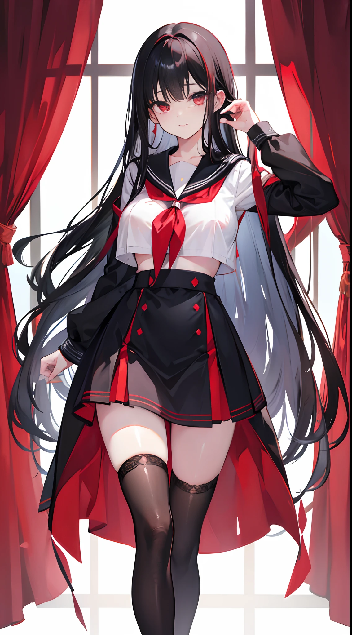 Long black hair that reaches the waist,red color eyes,high light,Hair curtain,Two hair curtains on both sides,dishiveredhair,chiquita,Sailor uniform school uniform,huge tit,White skin of the,light smile,black lence stockings,Whole body diagram,Eye highlights,In school,