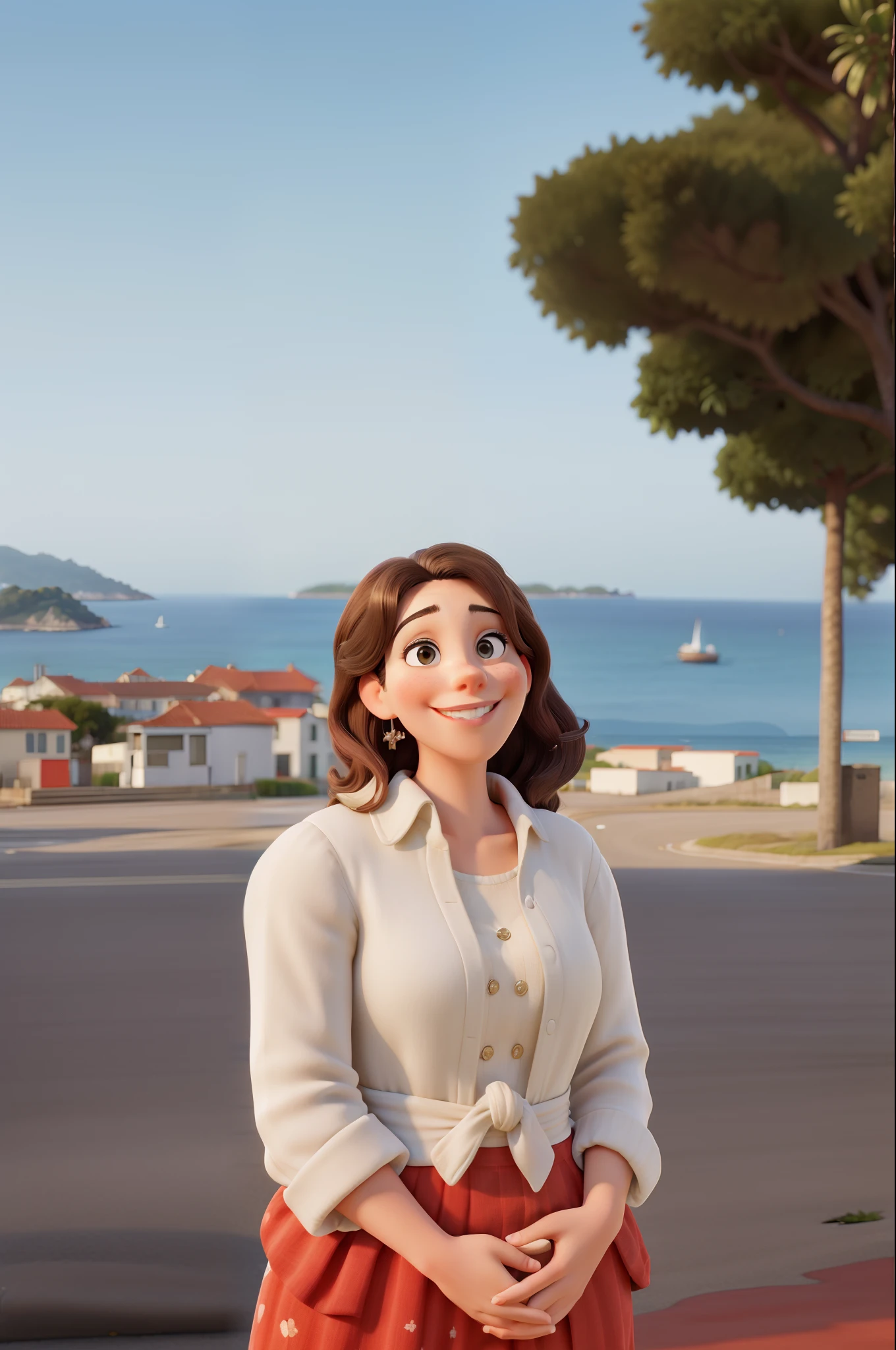 Obra-prima, de melhor qualidade, A woman looking at the camera, Smiling lightly with his head slightly tilted with his back to the street and in the background to the sea.