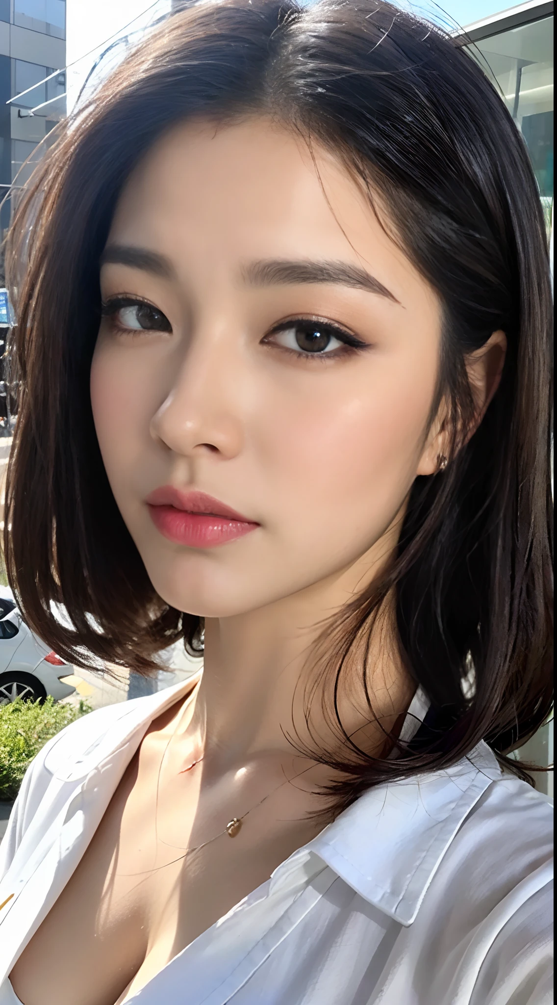 ((Best Quality, 8K, Masterpiece: 1.3)), Sharp: 1.2, Perfect Body Beauty: 1.4, Slim Abs: 1.2, ((Layered Hairstyle, Big Breasts: 1.2)), (Wet White Button Long Shirt: 1.1), (Rain, Street: 1.2), Wet: 1.5, Highly detailed face and skin texture, detailed eyes, double eyelids, side face looking at the camera