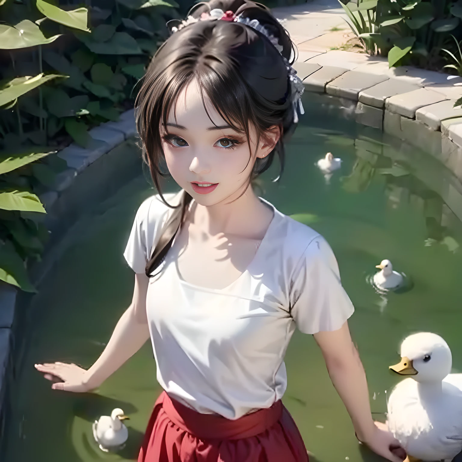 There was a girl and a duck standing in the pond, Anime girl in real life, Guviz, attractive anime girls, pretty anime girl, Beautiful anime girl, Guviz-style artwork, a cute young woman, Chinese girl, asian features, Anime Thai girl, young and cute girl, gorgeous chinese models, Chinese style, Beautiful anime style