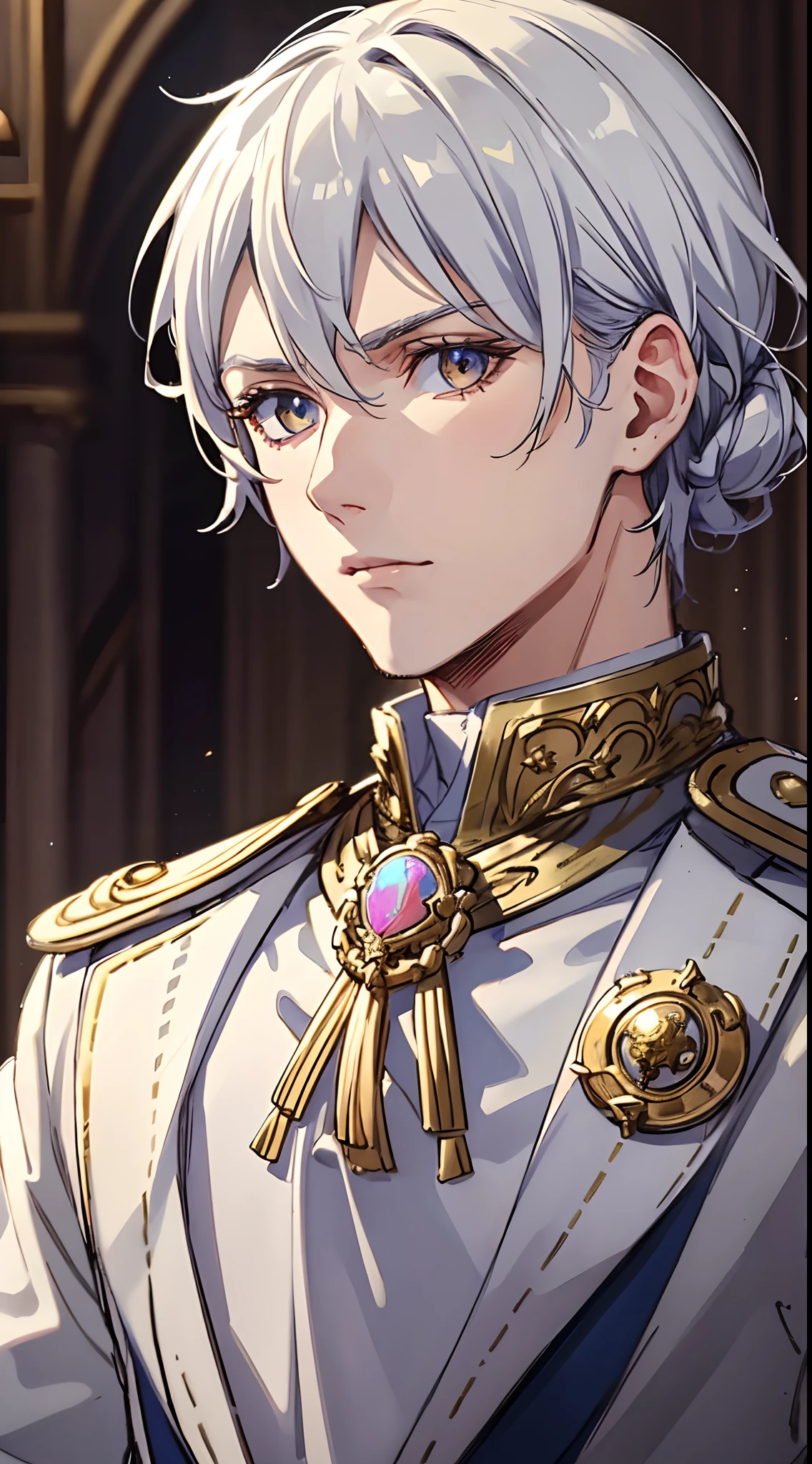 Prince, Young Man, Male, 1boy, Mature Male, Manly, portraying delicate eyes, Opal eyes, depicting delicate facial features, white uniform, white gloves, aristocratic dress, ribbon, medallion, extreme detail, delicate depiction, royalty, elegant, noble, royal dress, depth of field effect, background is palace, dramatic composition, dynamic pose, look at the camera