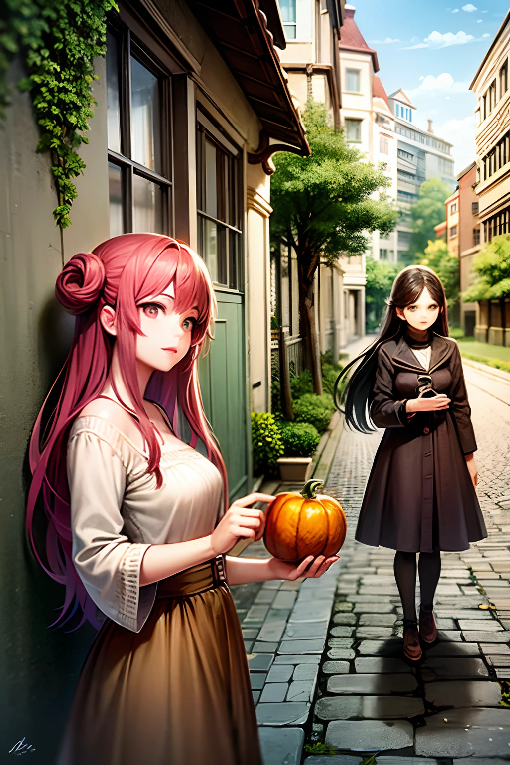 In an ancient ruined city, two girls on the street play chess, They are watched by a man who has a pumpkin instead of a head
