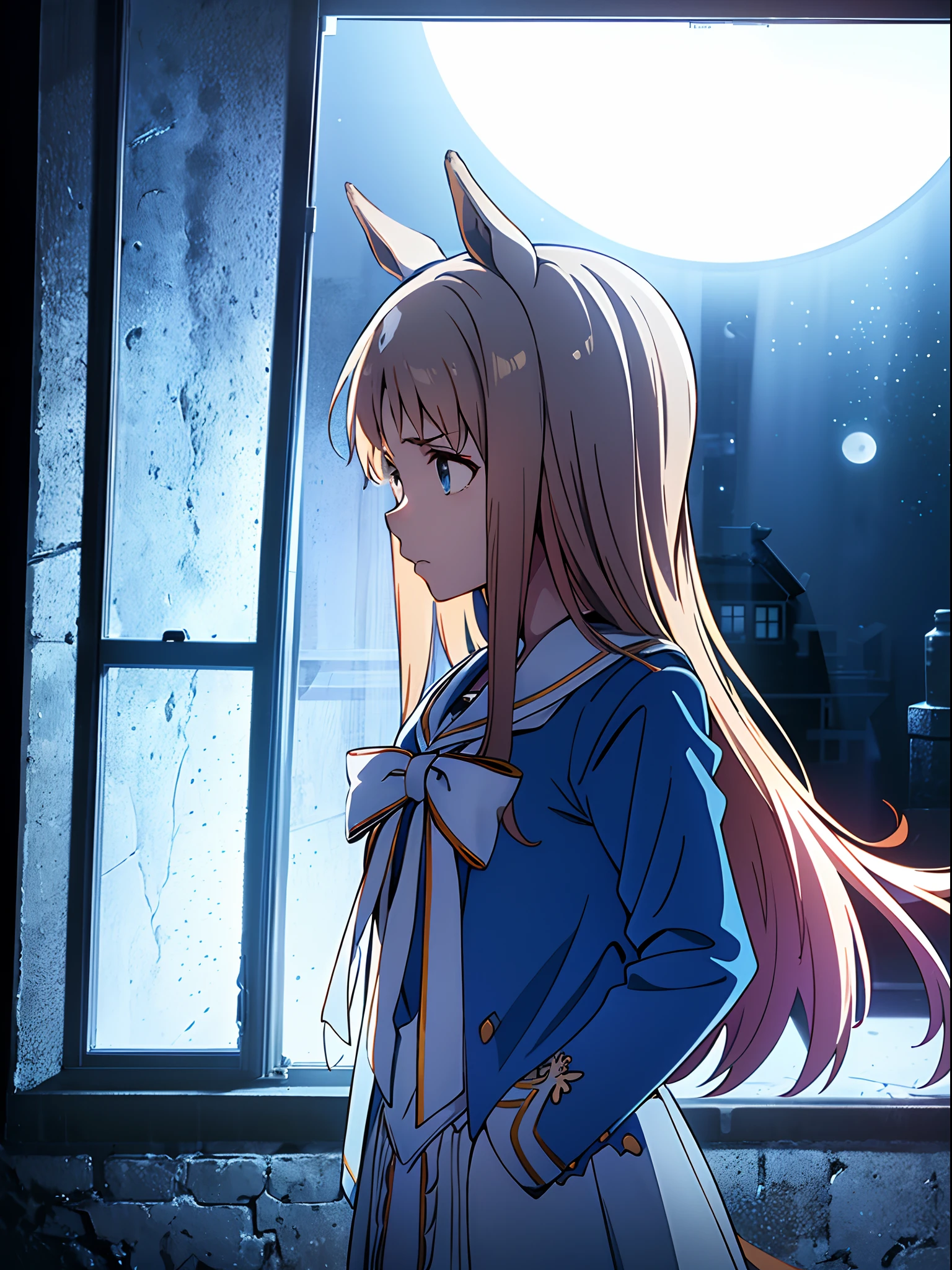 grass wonder \(Umamusume\), 1 girl, Solo, Best Quality, masterpiece, 8K, High resolution, Ultra-detailed, (Upper body), melancholy, standing near a window, looking outside the window, looking distantly, Blue jacket, White sailor color, Long sleeves, (((Night, in the dark room )), Moonlight from the window,