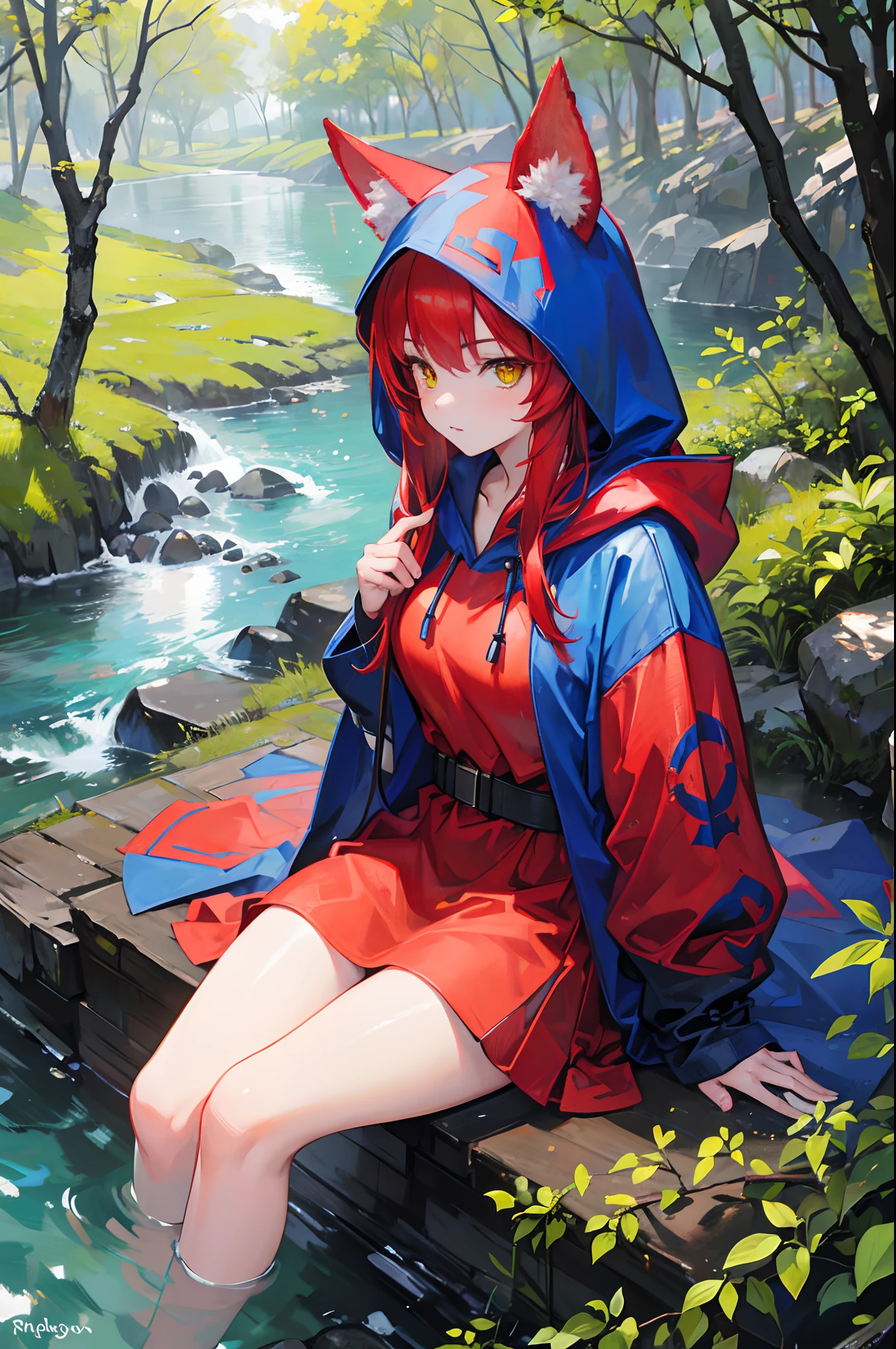 8K, Best Quality, (Photorealistic:1.4), RAW photo, 1girl, red hair, animal ears, Blue hooded cloak, Ears sticking out, the pose: Sitting on a rock in a forest river, Yellow eyes,  -