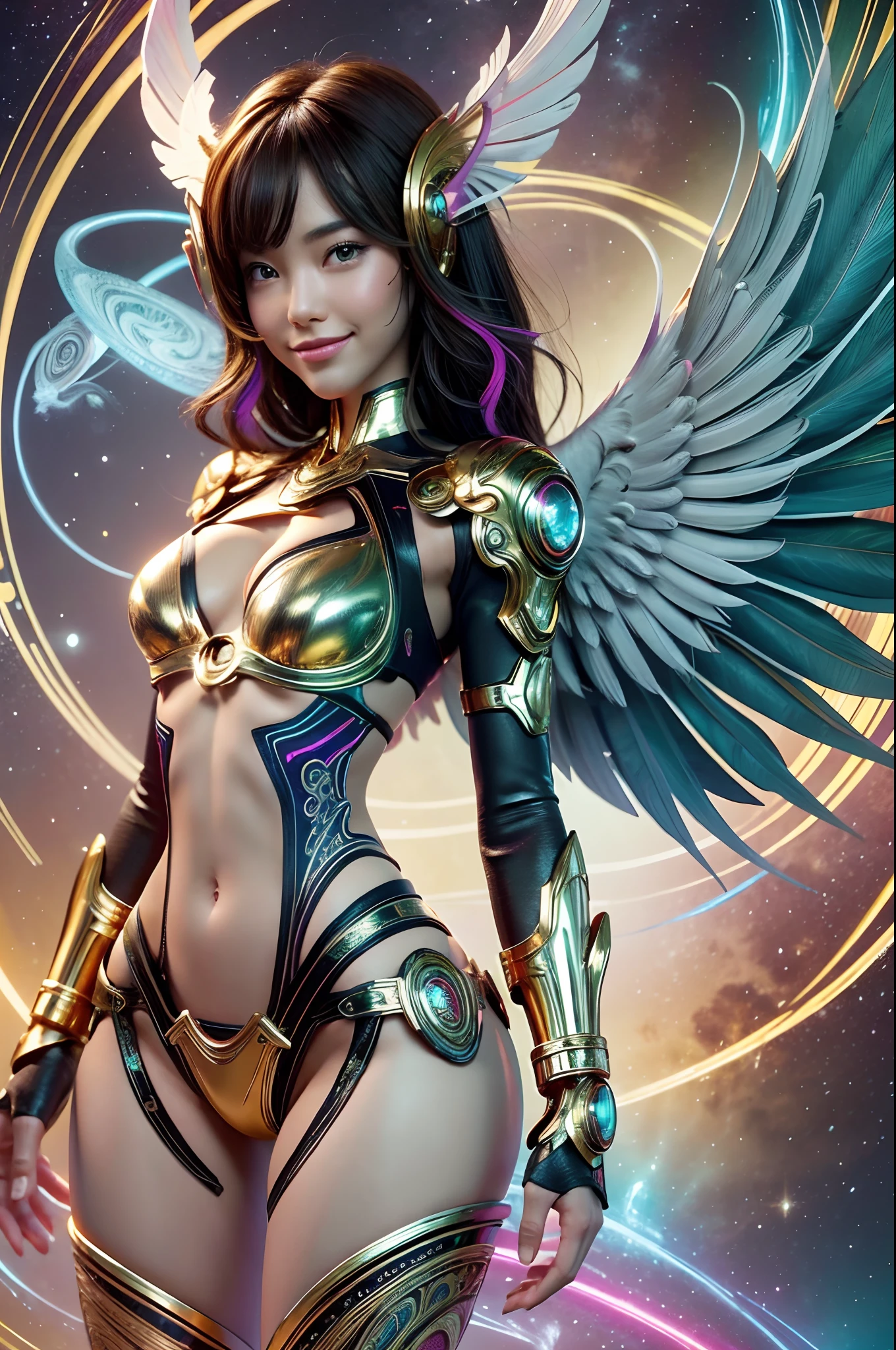 cyborg, girl, beautiful girl, cute, sexy, strong, slender, delicate, smile, bikini, high leg, metallic, ultra-colored, paisley, headgear, mandala, near future, heaven, angel, feather, wing, spiral light