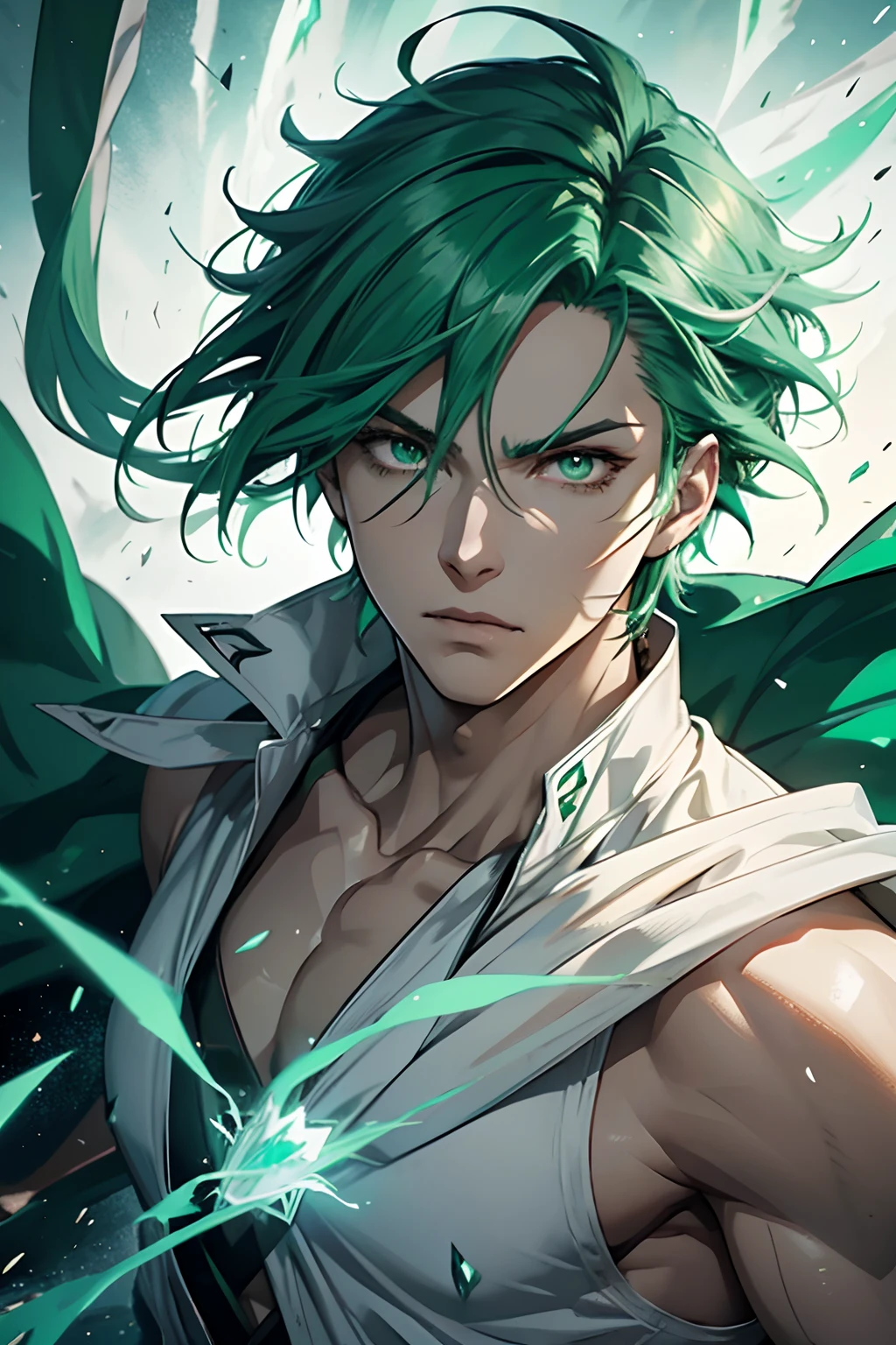 anime style,green hair,wind style,male,white cape,(best quality:1.2),ultra-detailed,realistic:1.37,portraits,vivid colors,studio lighting,sharp focus,hurricane,powerful expression,glowing green eyes,wind breath,wind surroundings,reflective wind crystals,elemental magic,heroic pose,mysterious aura