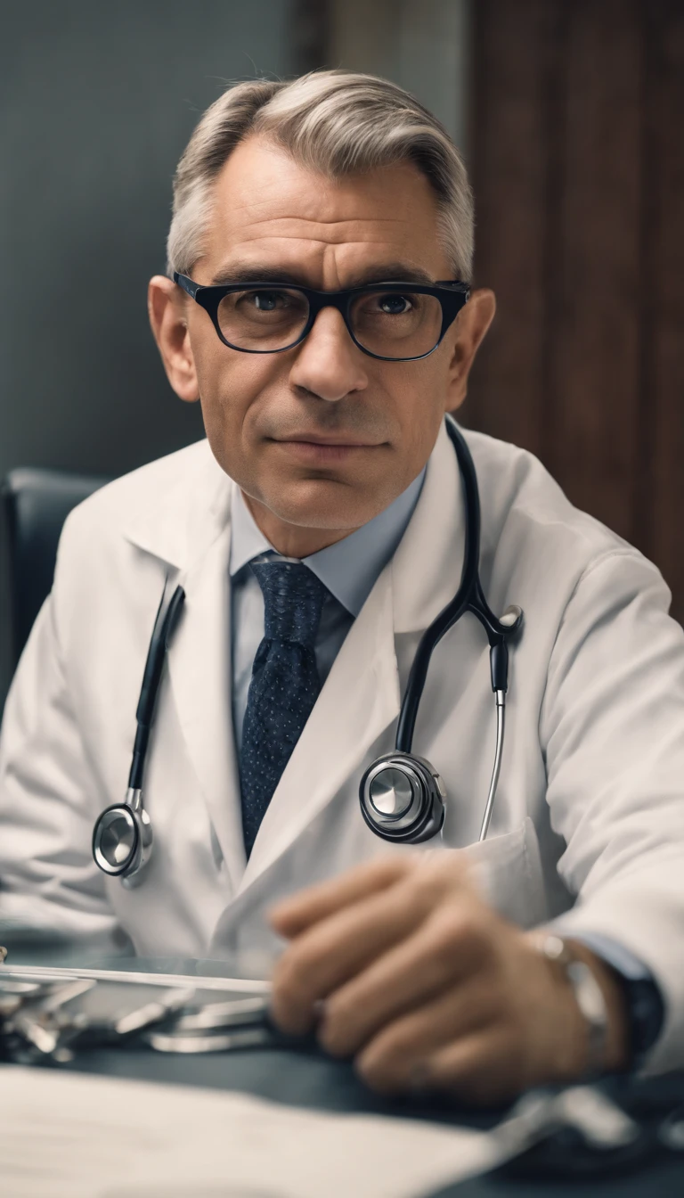 good lighting, a distinguished 40-year-old man with gray hair and prescription glasses sits behind a modern medical table, his white coat and stethoscope around his neck, ready to see his next patient. His intense gaze at the camera conveys his dedication to his profession. The computer and papers on the table hint at his meticulous nature and attention to detail.