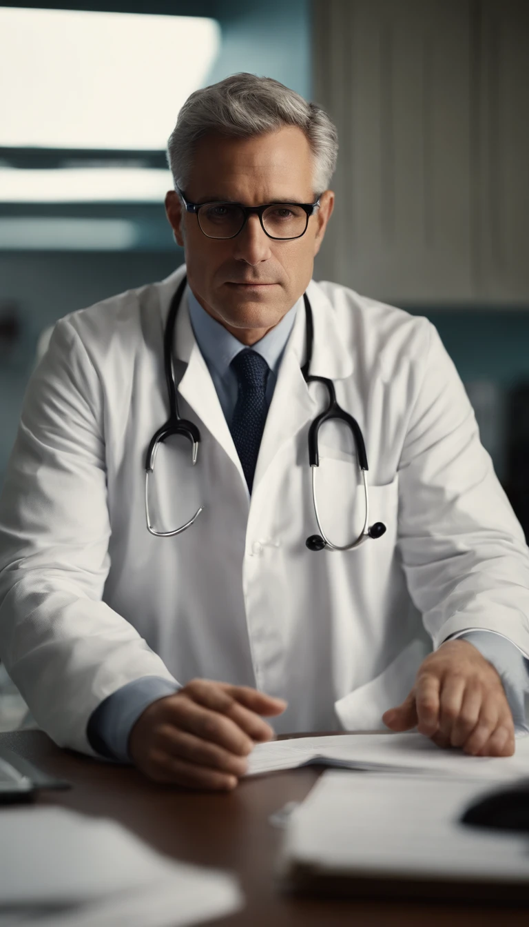 good lighting, a distinguished 40-year-old man with gray hair and prescription glasses sits behind a modern medical table, his white coat and stethoscope around his neck, ready to see his next patient. His intense gaze at the camera conveys his dedication to his profession. The computer and papers on the table hint at his meticulous nature and attention to detail.