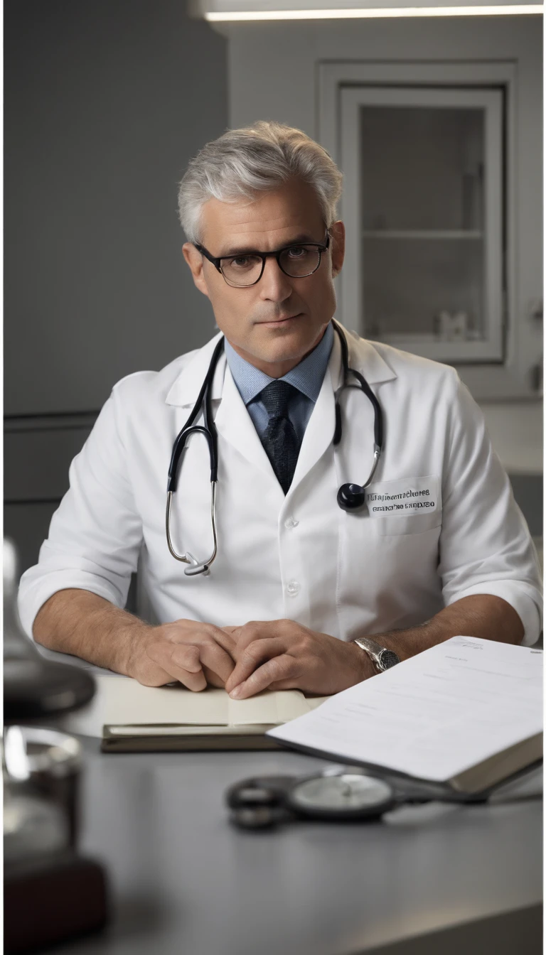 good lighting, a distinguished 40-year-old man with gray hair and prescription glasses sits behind a modern medical table, his white coat and stethoscope around his neck, ready to see his next patient. His intense gaze at the camera conveys his dedication to his profession. The computer and papers on the table hint at his meticulous nature and attention to detail.