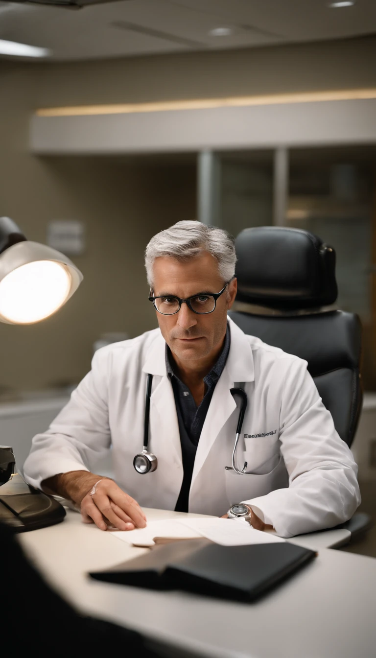 good lighting, a distinguished 40-year-old man with gray hair and prescription glasses sits behind a modern medical table, his white coat and stethoscope around his neck, ready to see his next patient. His intense gaze at the camera conveys his dedication to his profession. The computer and papers on the table hint at his meticulous nature and attention to detail.
