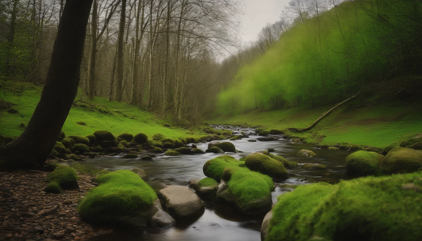 High- sharpness,Master masterpieces,Fuji,RAW Photos,(fidelity:1.4),Poster Effects,The base color is bright,Large green space,Natural light, Large grasslands,It was a little foggy,springtime,The main color is green,small stream,Three small stones on the banks of a stream,Birch forest,One-person viewpoint