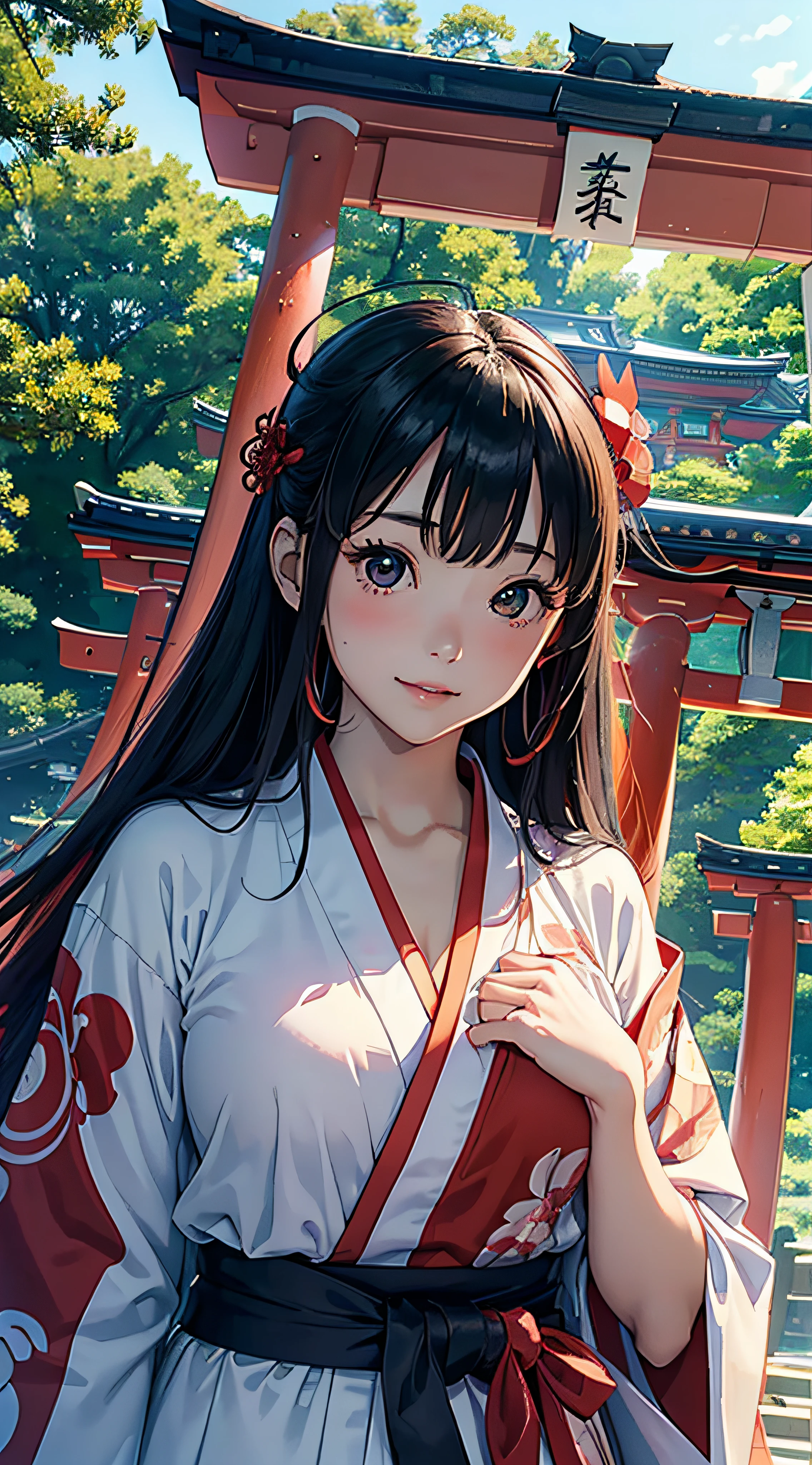 Best Quality、masutepiece、(japanes、Beautuful Women、shrine maiden、25-years old、Beautuful Women:1.5、cute little:2、spotless、D-cups)、(cloudiness、Mare、torii gate)、(ssmile、slightly red cheeks)、shrines