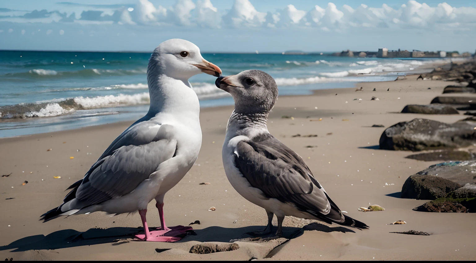There is a seagull and a petrel with each other on the beach, and the petrel is singing to the seagulls