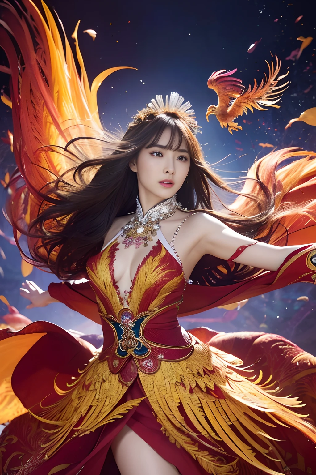 (masterpiece、top-quality)、high resolution details、foco nítido、(Photoreal Stick:1.2)、1girl in、Cowboy Shot、(The beauty of a woman and the beauty of a phoenix feather seamlessly blend:1.1)、(Dance in a kaleidoscope of vibrant colors and patterns、The blades react and、、、Reflect her movements in a captivating fractal design:1.1)、