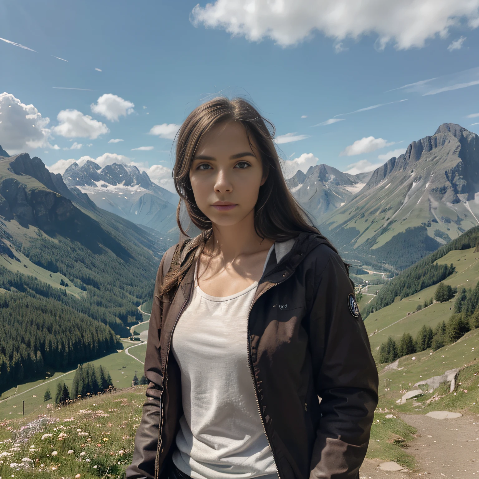 (voller Schuss), Full-body composition from a distance, (Photo of a 20-year-old lady named Helena Ava Isemann, Deutsch), runny, langes braunes Haar, lockig, gewelltes Haar, (((braune Augen))), ultra quality, Detaillierte Hautporen, gefettete Haut, Komplizierte Augendetails, Carrying a large backpack, Wanderkleidung, Mountain Girl Style, Rucksacktourist, Bergblick vom Gipfel des Berges, Wandern auf dem Bergpfad, Wear jacket over jacket, T-Shirt, lange Hosen, Klettern, Trekkingschuhe, Naturlandschaftsfoto, Bergsteigen, spectacular summer mountain scenery with rugged mountain ranges in the distance, Wonderful contrast of blue sky and white clouds.