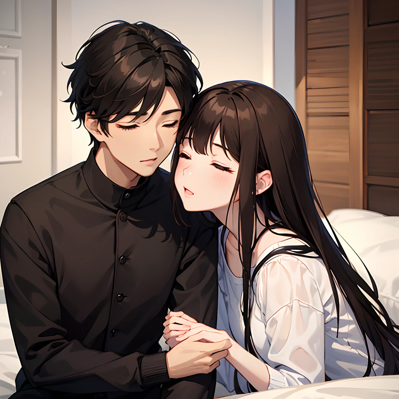 Men and women in their 20s、During a kiss、femele(Brown hair semi-long)opens his eyes in surprise、Men(black hair shorthair、One hand on a woman's cheek)has closed eyes、Background with(a room)
