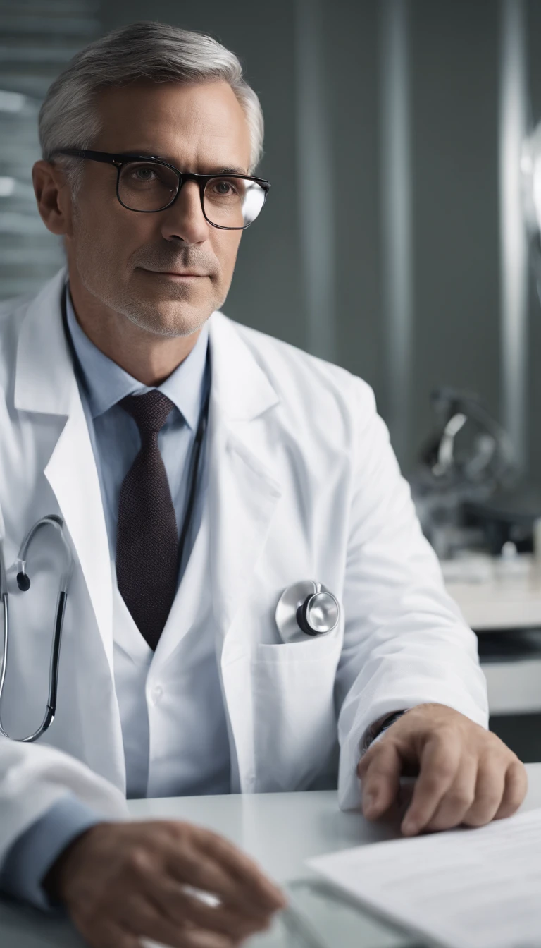 good lighting, a distinguished 40-year-old man with gray hair and prescription glasses sits behind a modern medical table, his white coat and stethoscope around his neck, ready to see his next patient. His intense gaze at the camera conveys his dedication to his profession. The computer and papers on the table hint at his meticulous nature and attention to detail.
