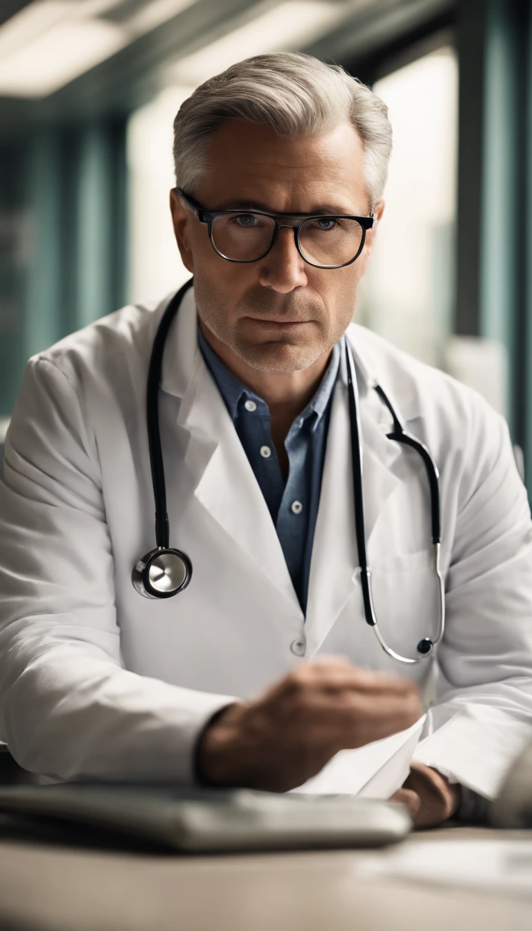 good lighting, a distinguished 40-year-old man with gray hair and prescription glasses sits behind a modern medical table, his white coat and stethoscope around his neck, ready to see his next patient. His intense gaze at the camera conveys his dedication to his profession. The computer and papers on the table hint at his meticulous nature and attention to detail.