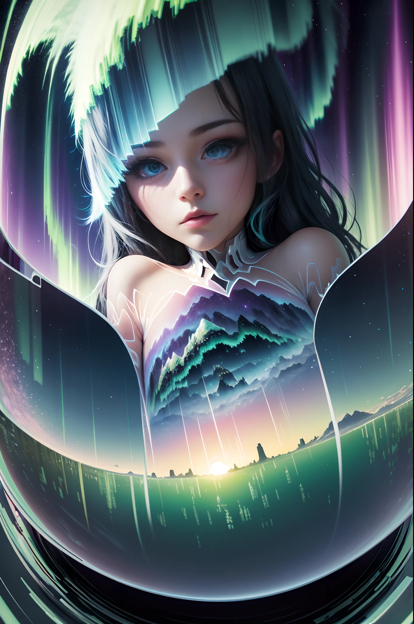 tmasterpiece, 4K, Hyper-Resolution, Optimal image resolution,aurora borealis,photography of,(Doubleexposure:1.8),A chaotic storm of aurora erupted in the transparent girl's brain,The transparent and ethereal girl's face blends with the aurora,Express your thoughts, Emotions and dreams in the surreal and magical Northern Lights landscape. Abstract portrait of a transparent girl,Northern Lights landscape,Epic surrealist style,Epic dreamy style,epic digital art illustration