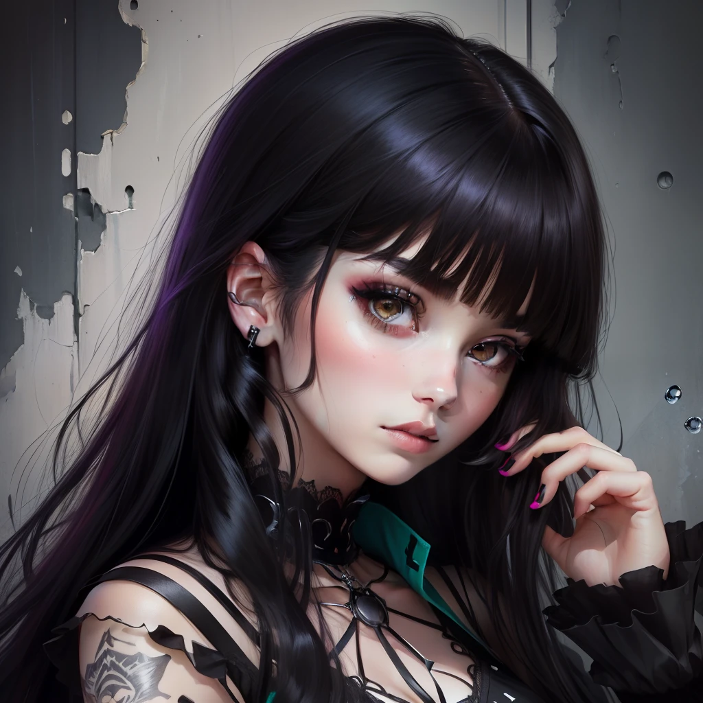 Portrait of anime goth girl, dark eyes, black long hair, short blunt bangs